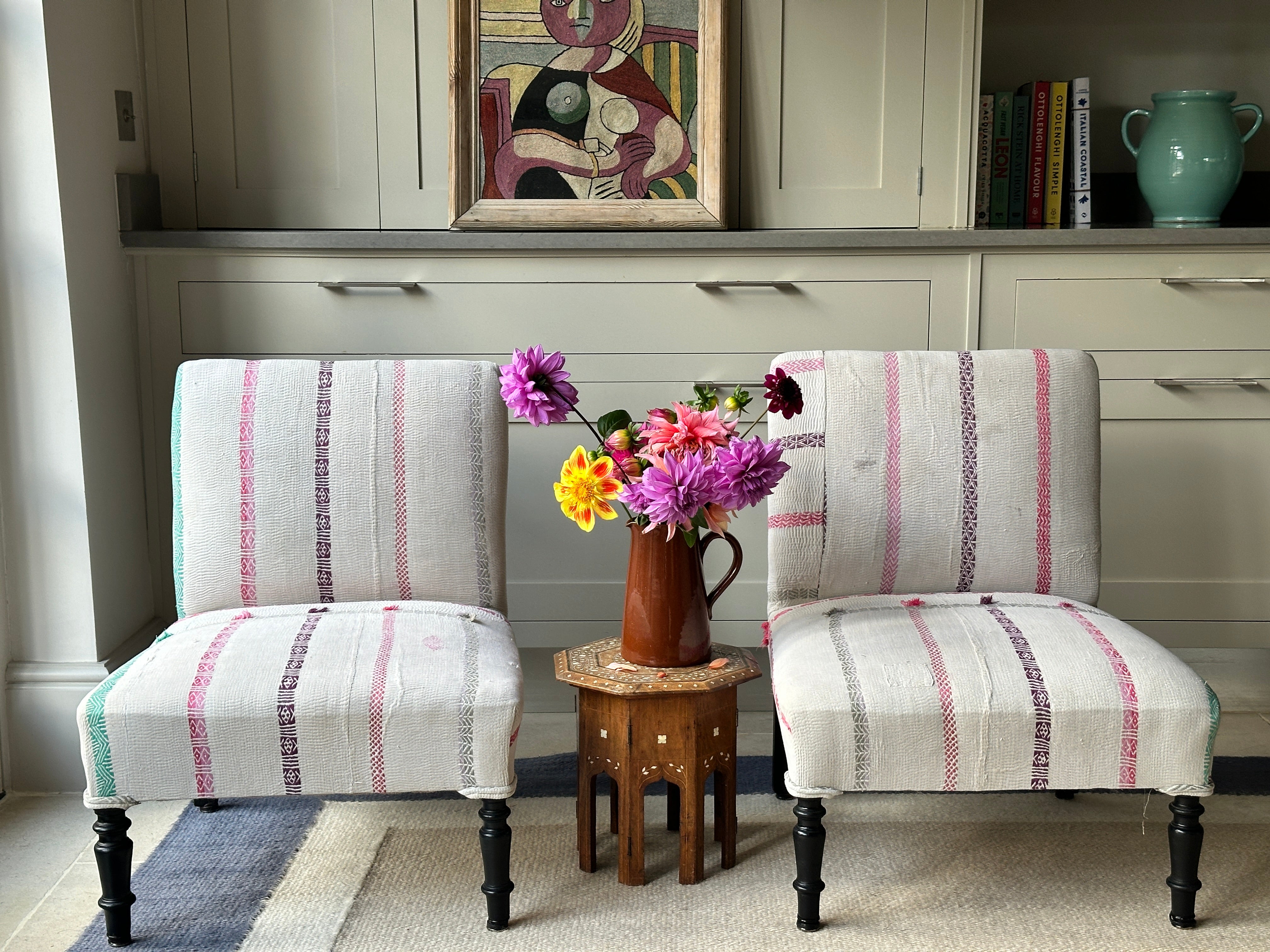 Sweet Pair of French Slipper Chairs in a Candy Striped Kantha