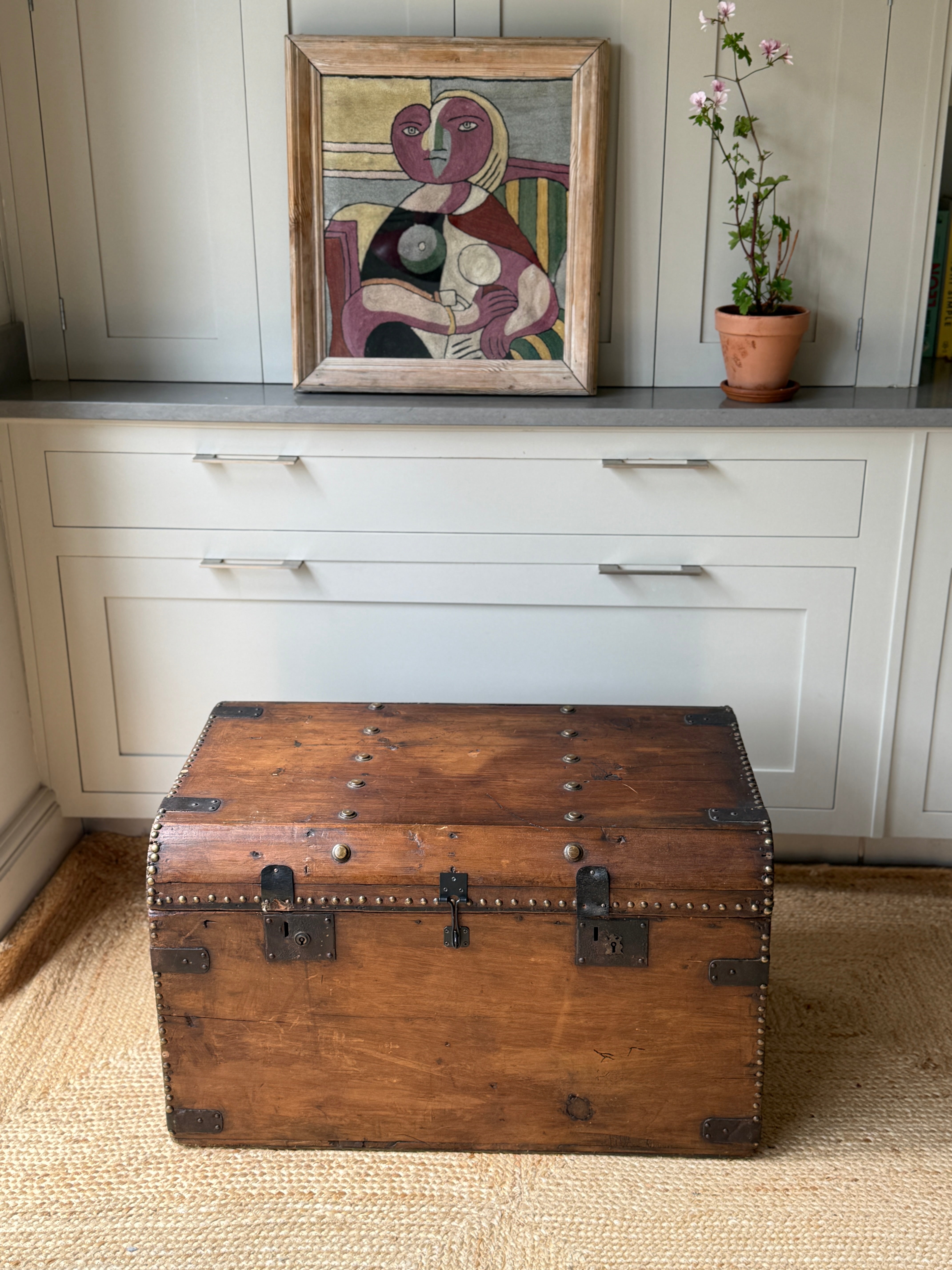 Large Antique Pine Truck with Brass Studs and Rounded Edges
