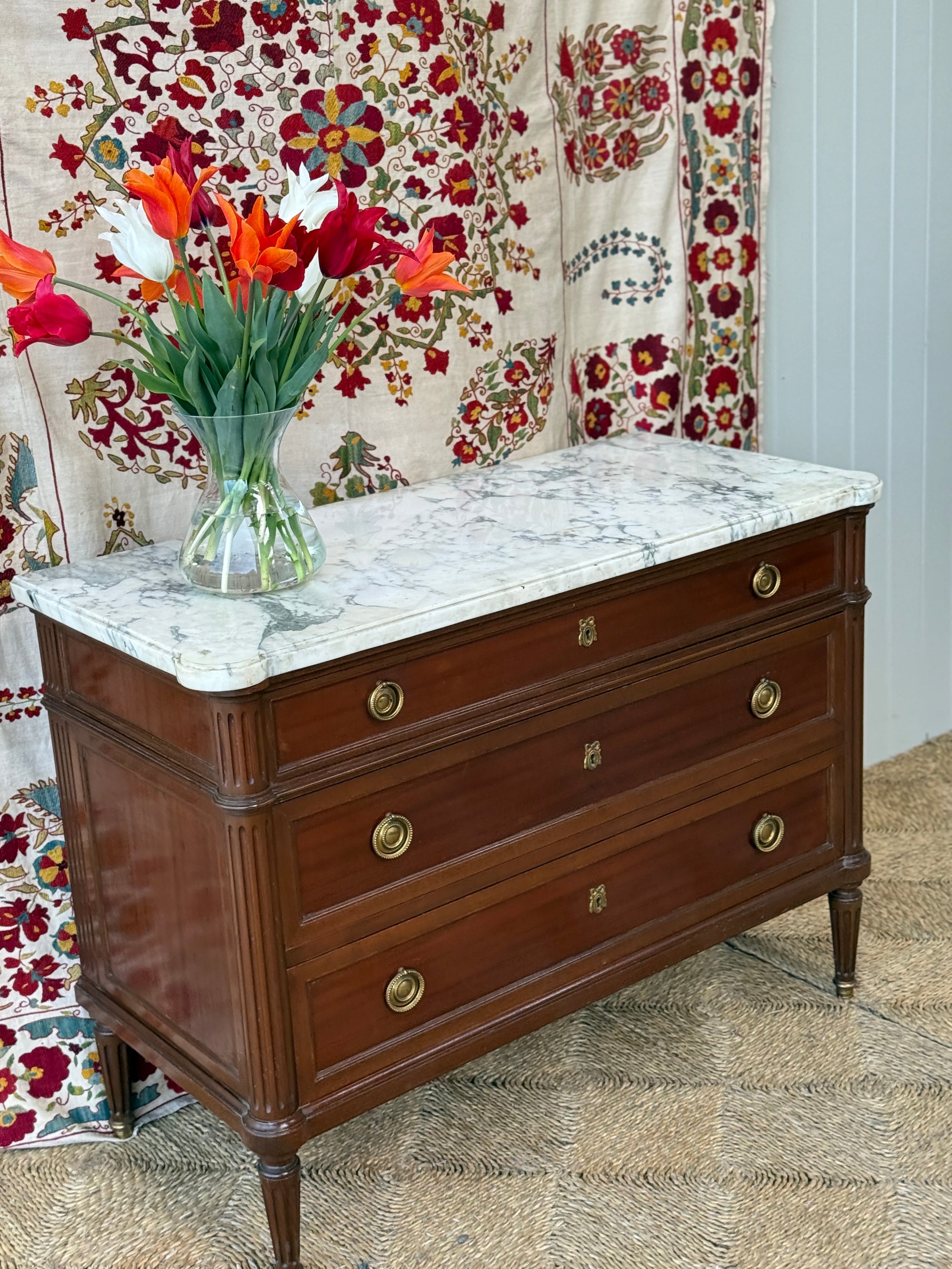 French Mahogany Marble Topped Commode