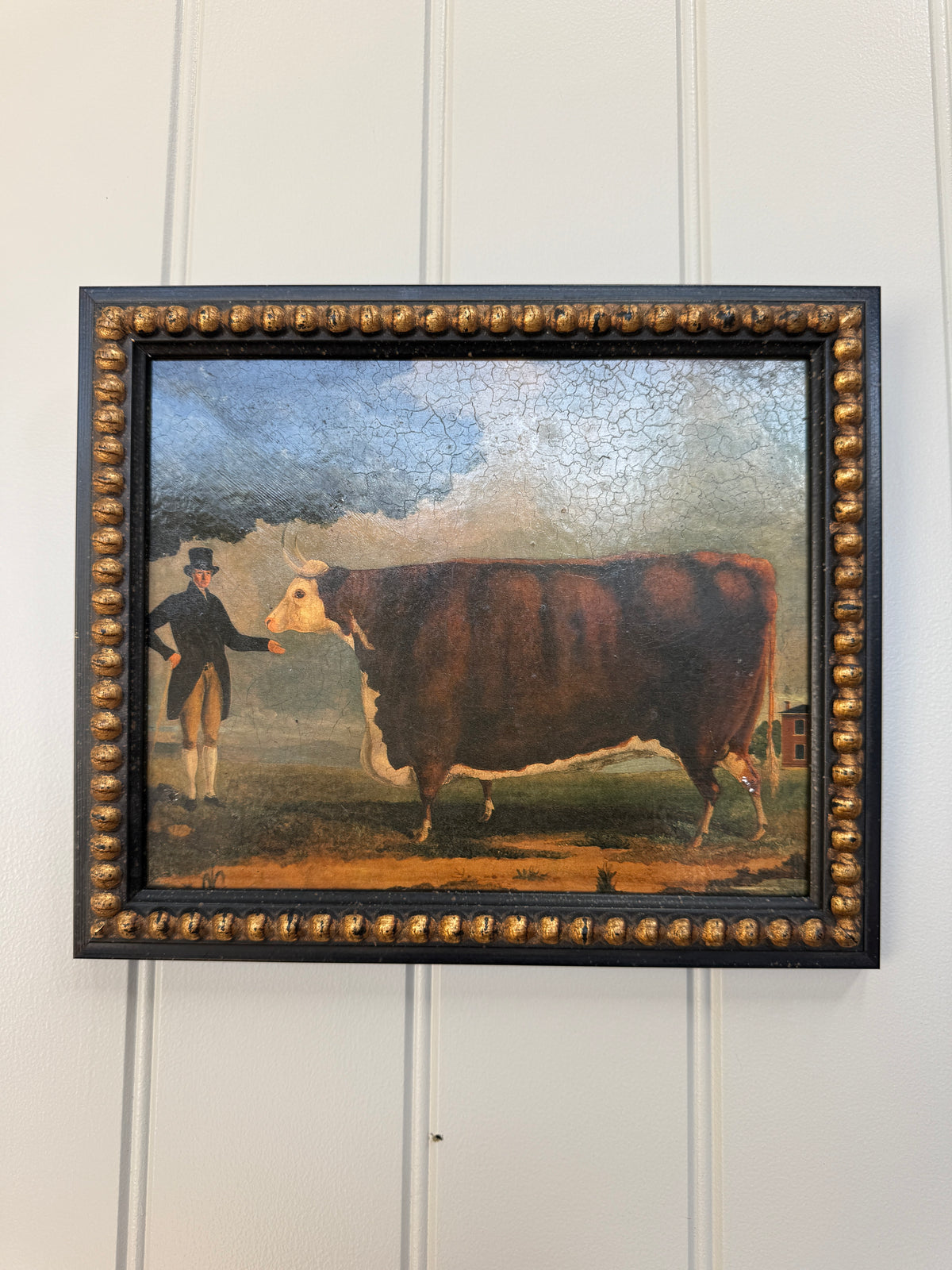 Framed Oil on Board Painting of Prize Bull and Owner