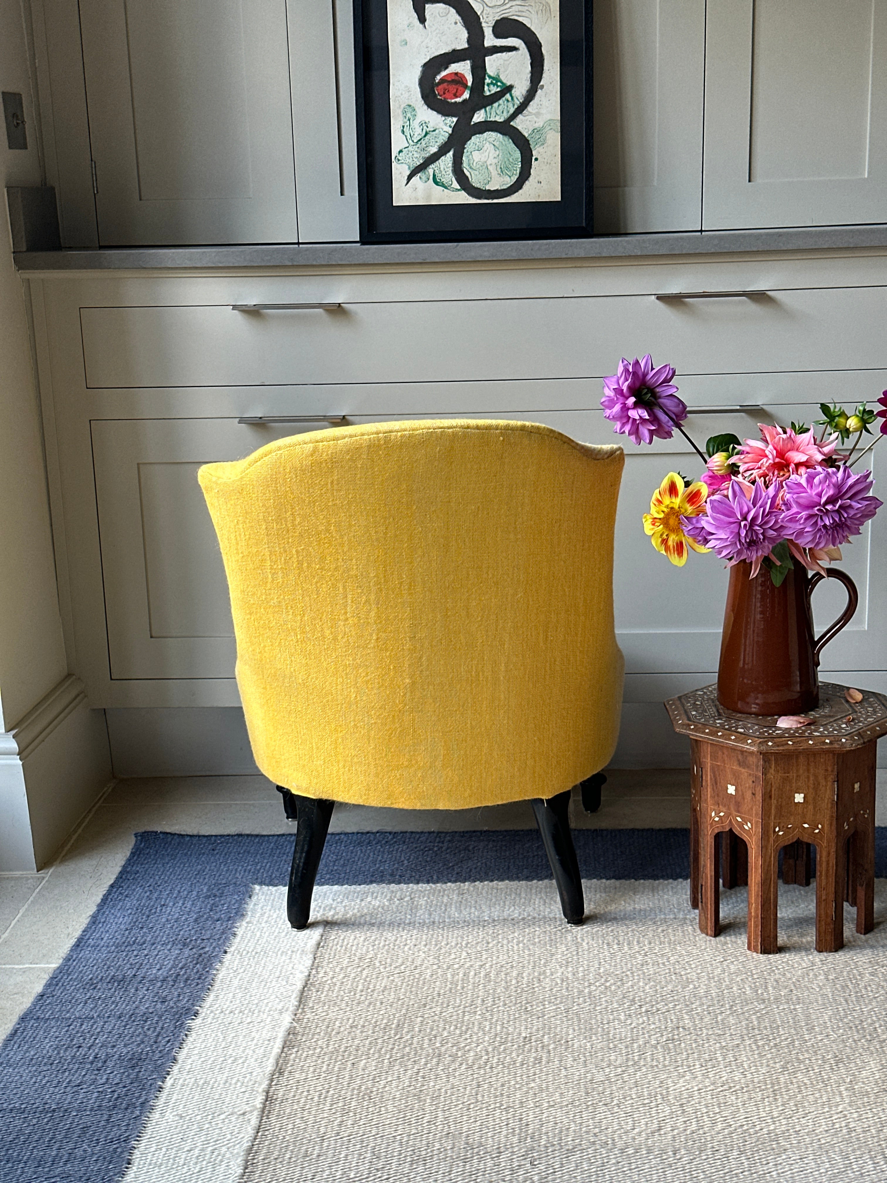 French Slipper Chair in vintage yellow Indian Camel Wool textile