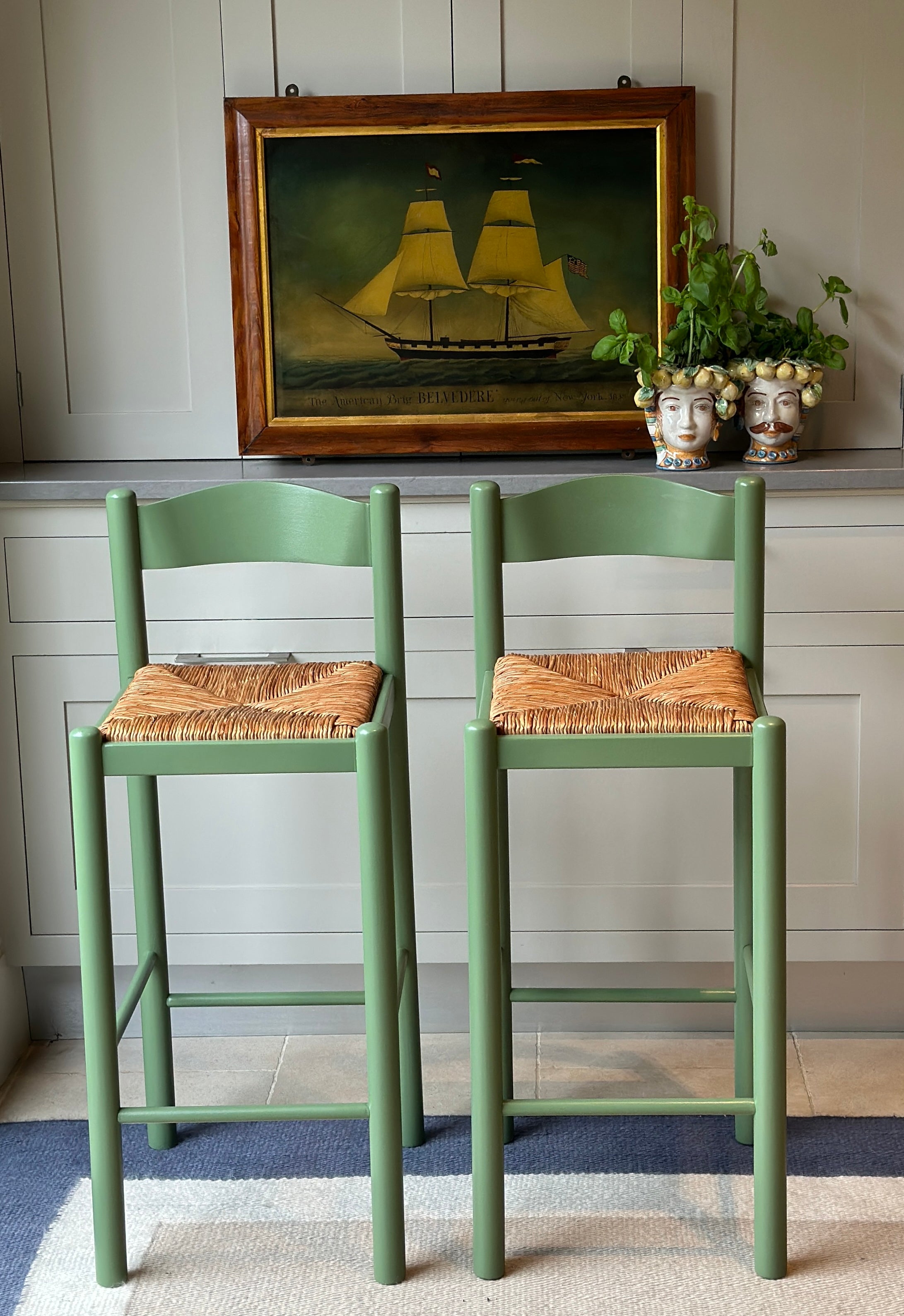 Pair of Rush Seat Wooden Barstools in F&B Calke Green