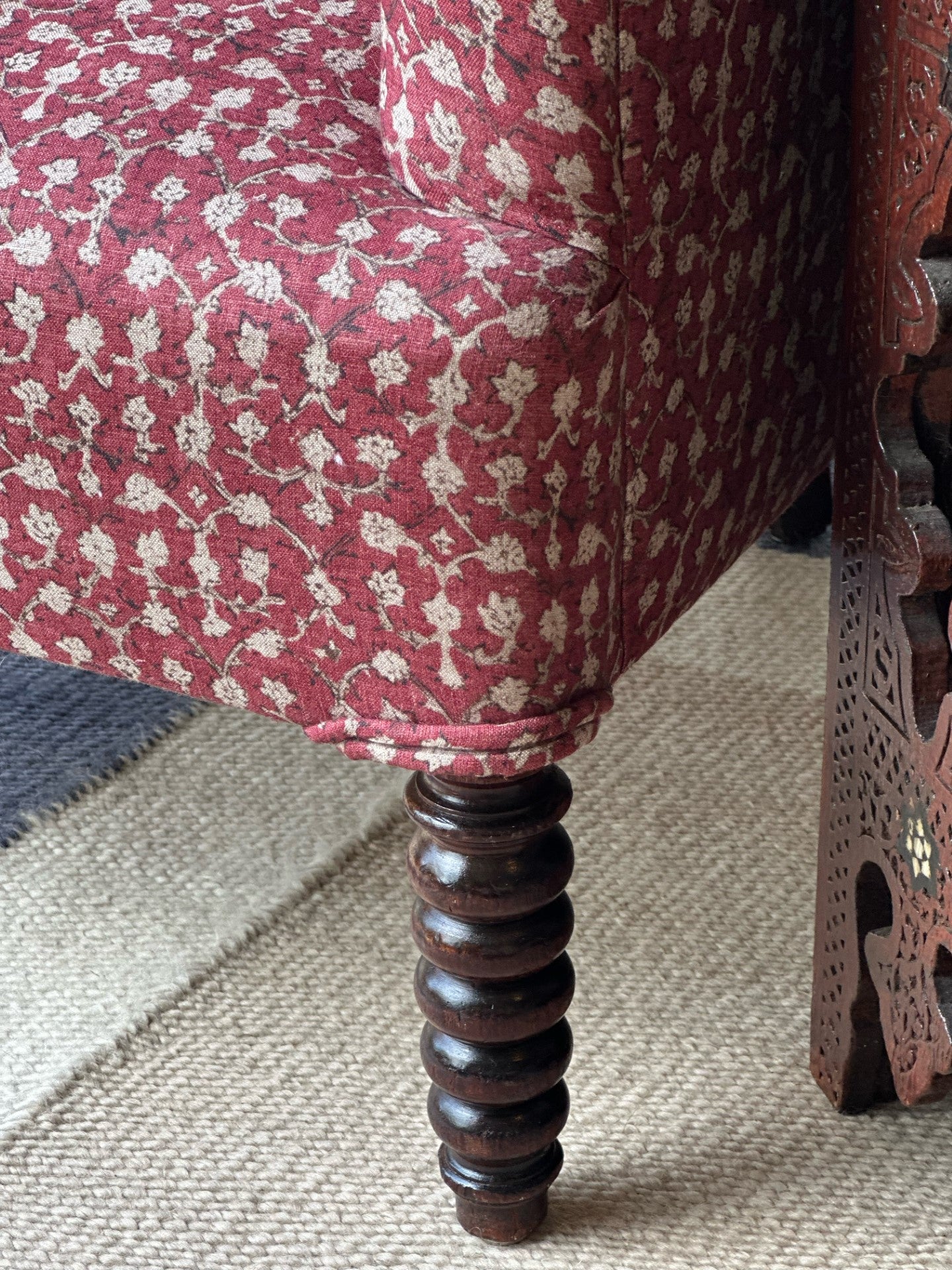 Amazing French Button Back Armchairs with Bobbin Turned Mahogany Feet and Upholstered in Robert Kime Ume Red