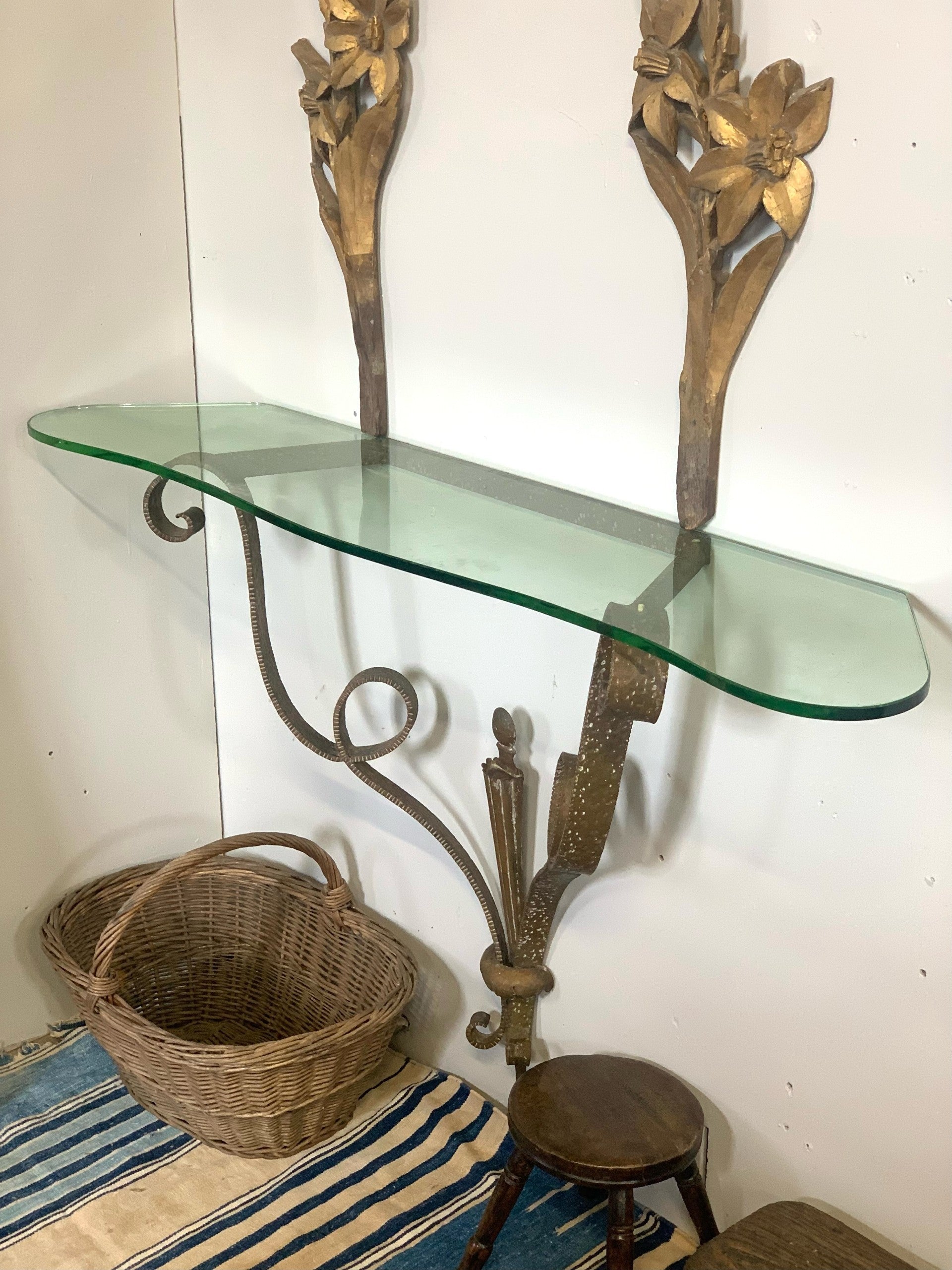 Italian Hammered Gilt Metal Console Table with Glass Top