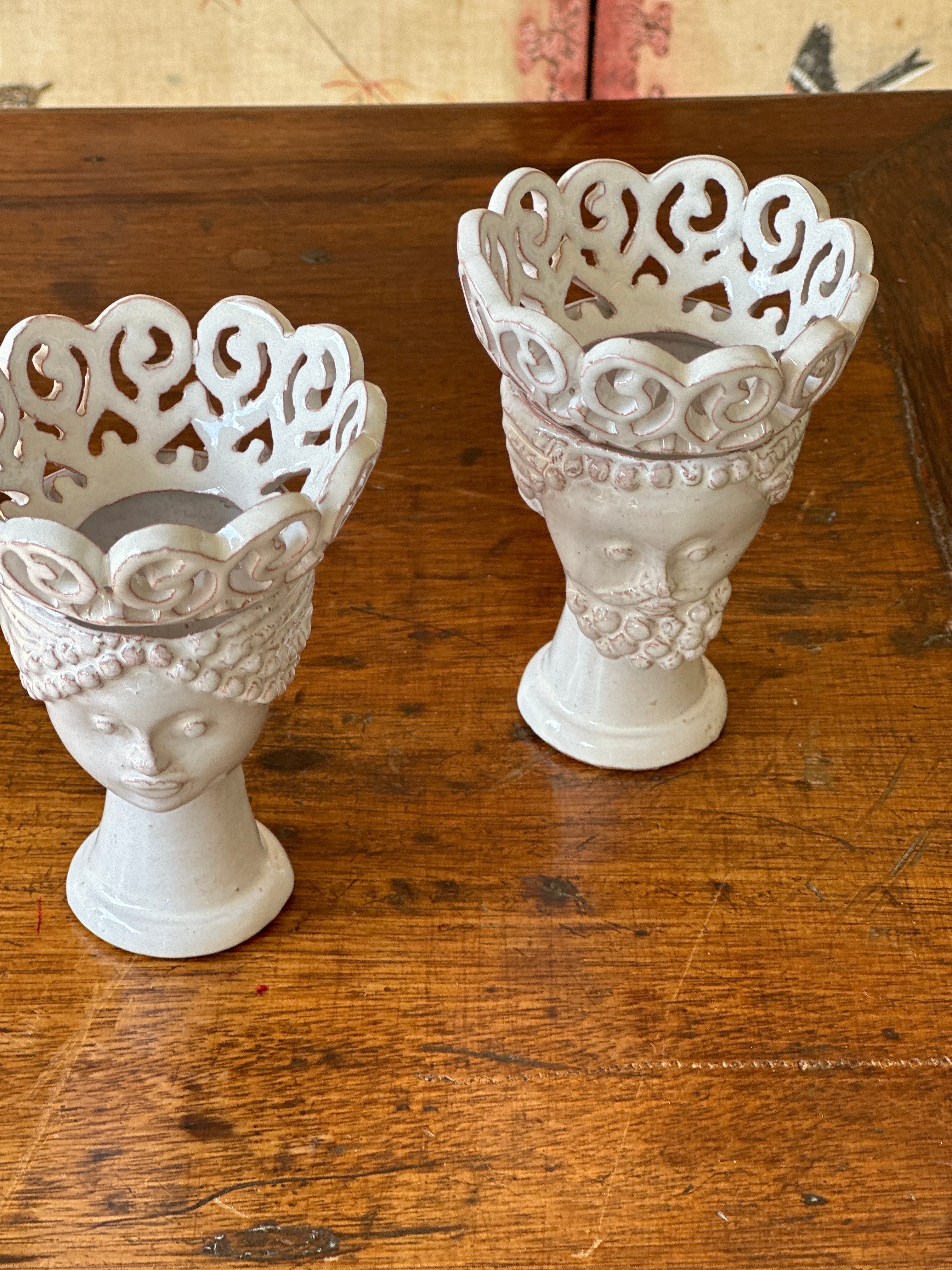 Small Pair of White Ceramic Vases or Candle sticks