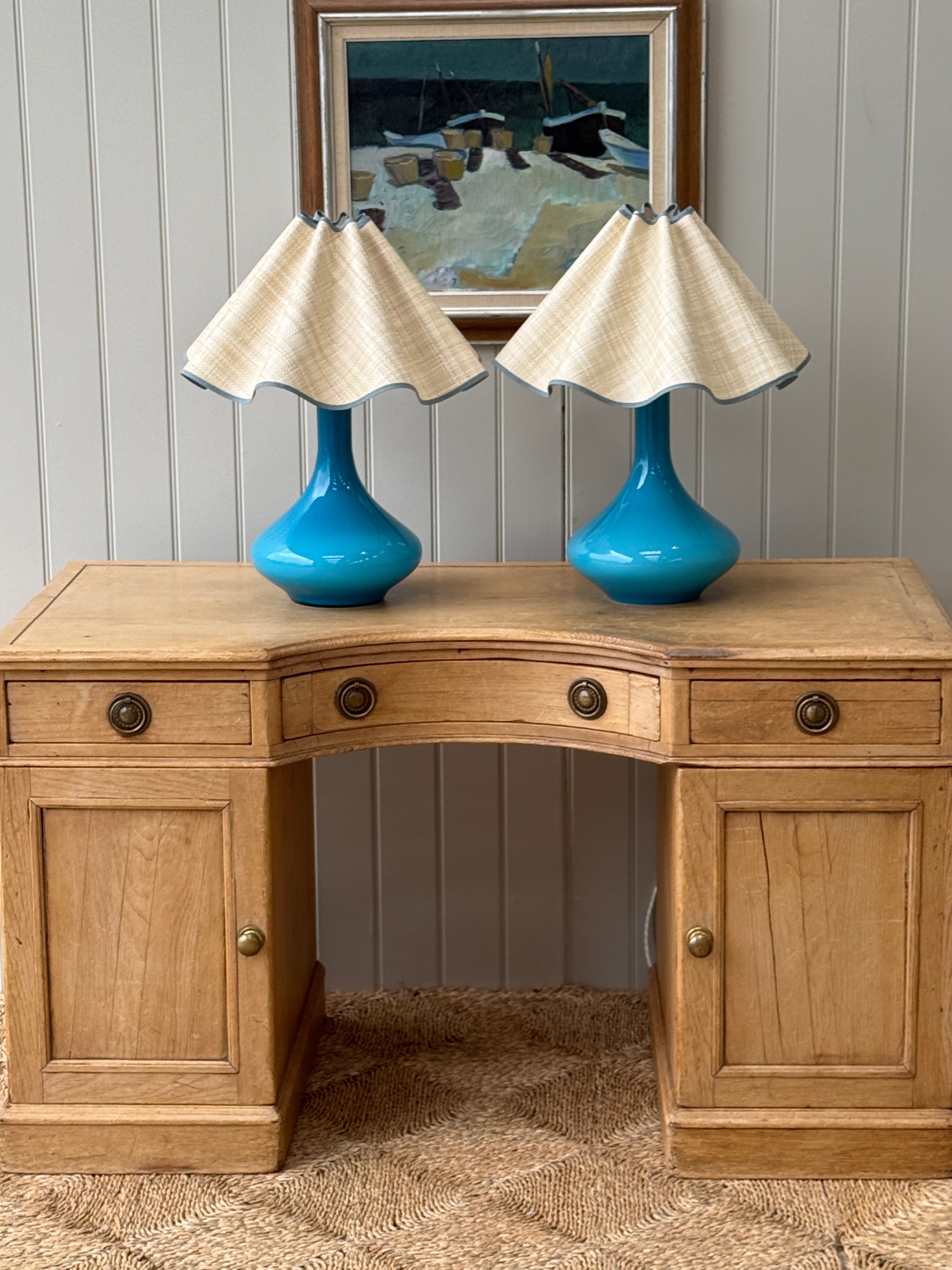 Pair of Large Turquoise Holmegaard lamps by Jacob E Bang