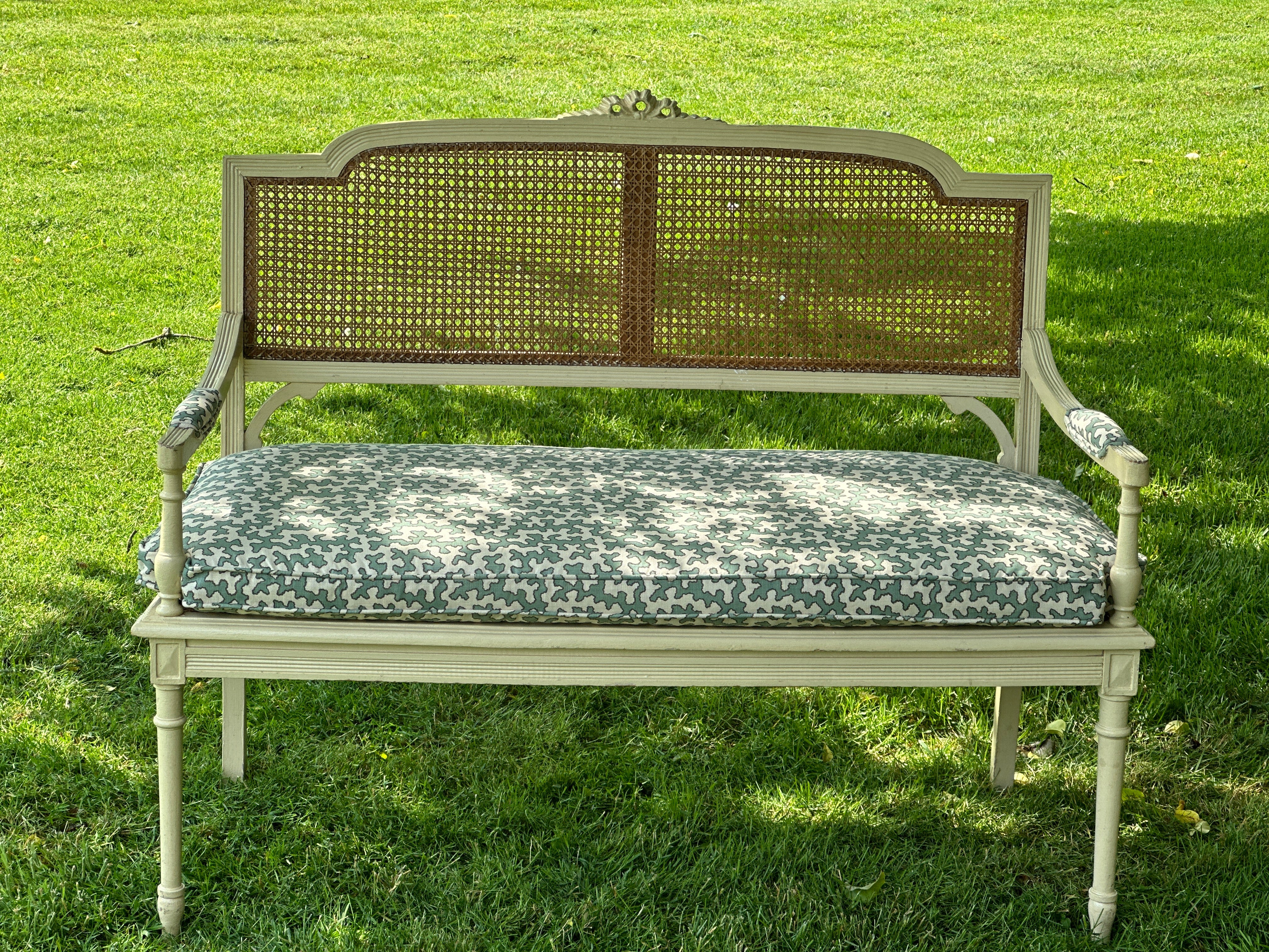 19th Century Cane Bench with Cushion with Colefax & Fowler Squiggle Fabric