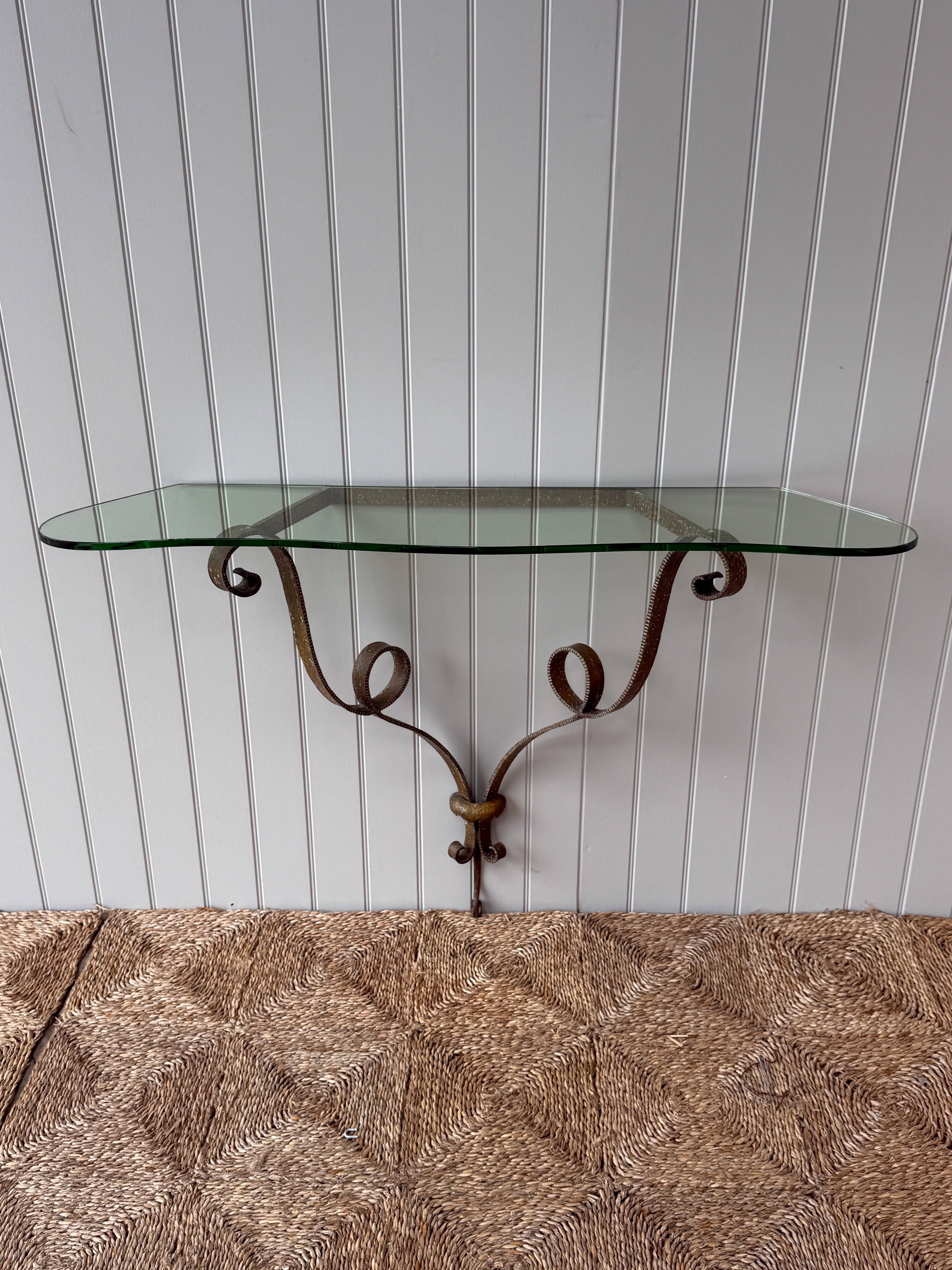 Italian Hammered Gilt Metal Console Table with Glass Top