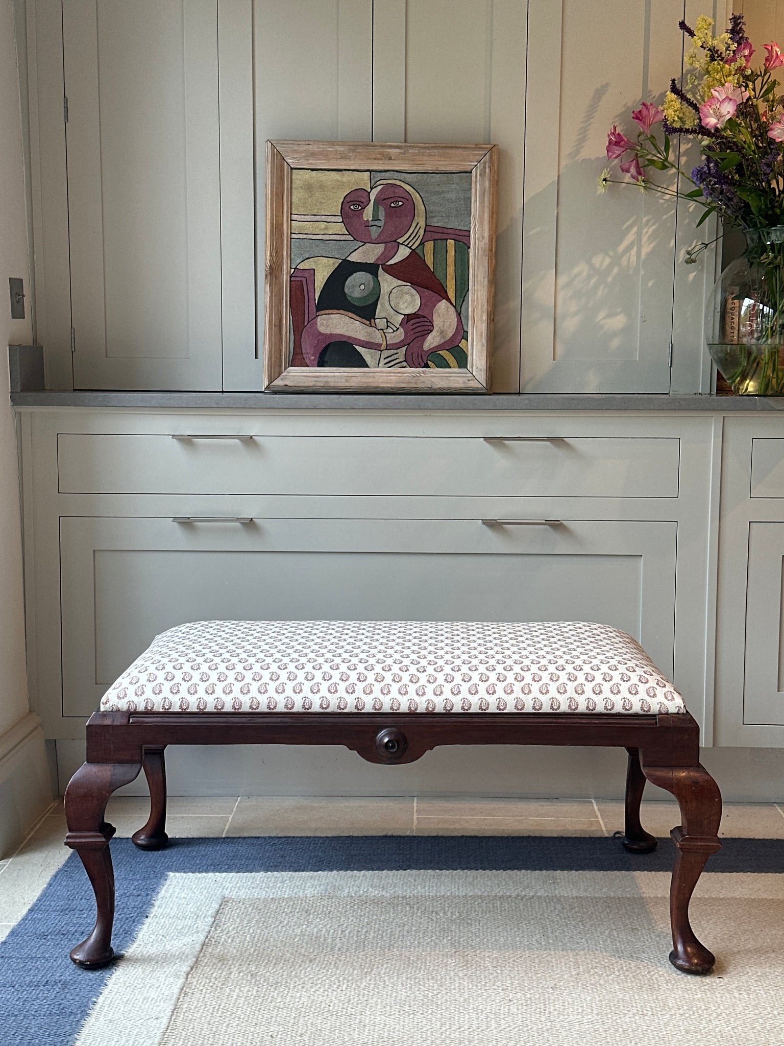 19th Century Mahogany Footstool in Cypress Linen Cocoa by Howe