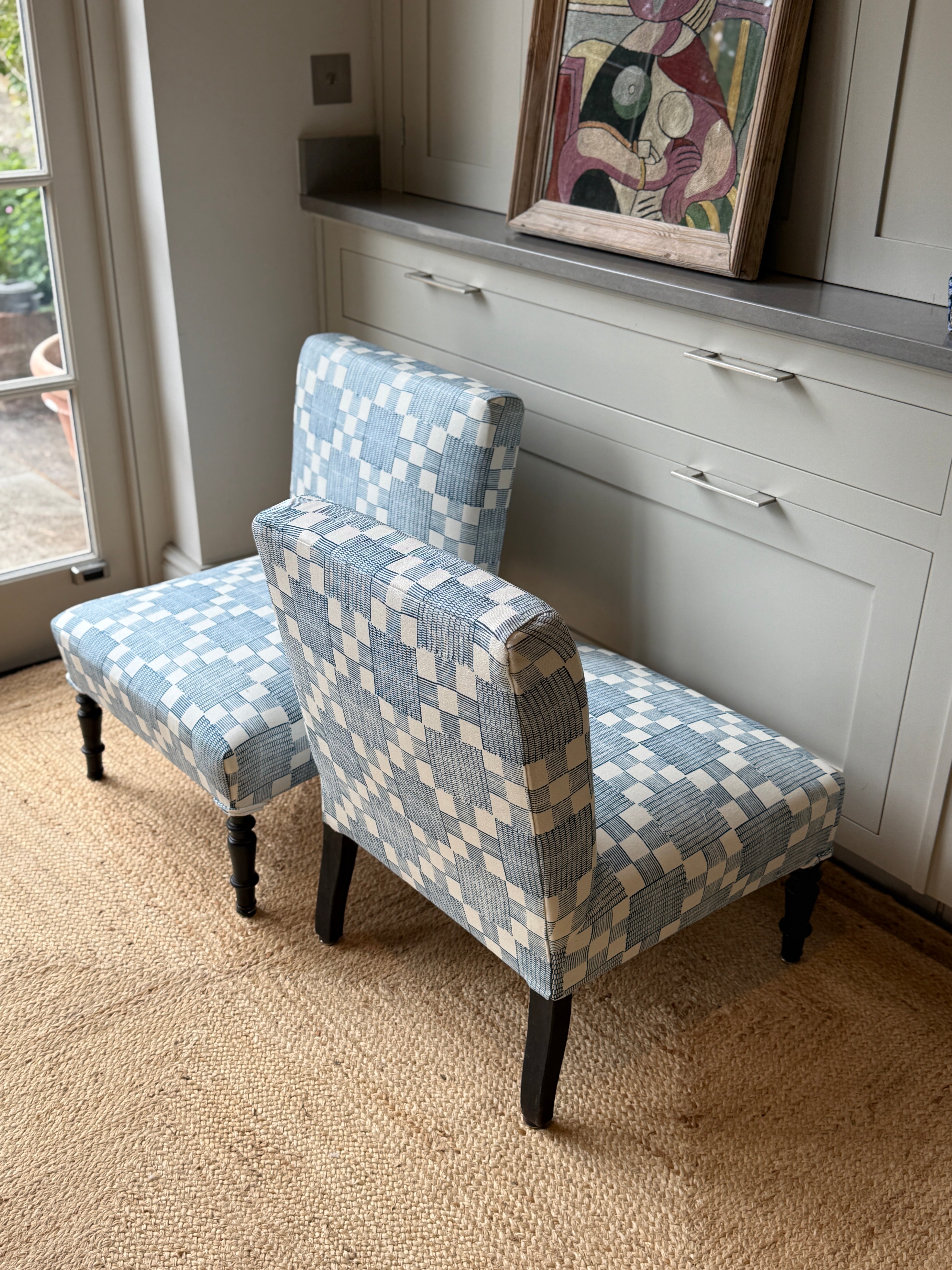 Pair of French Slipper Chairs in Jennifer Shorto Petrol Blue Panama
