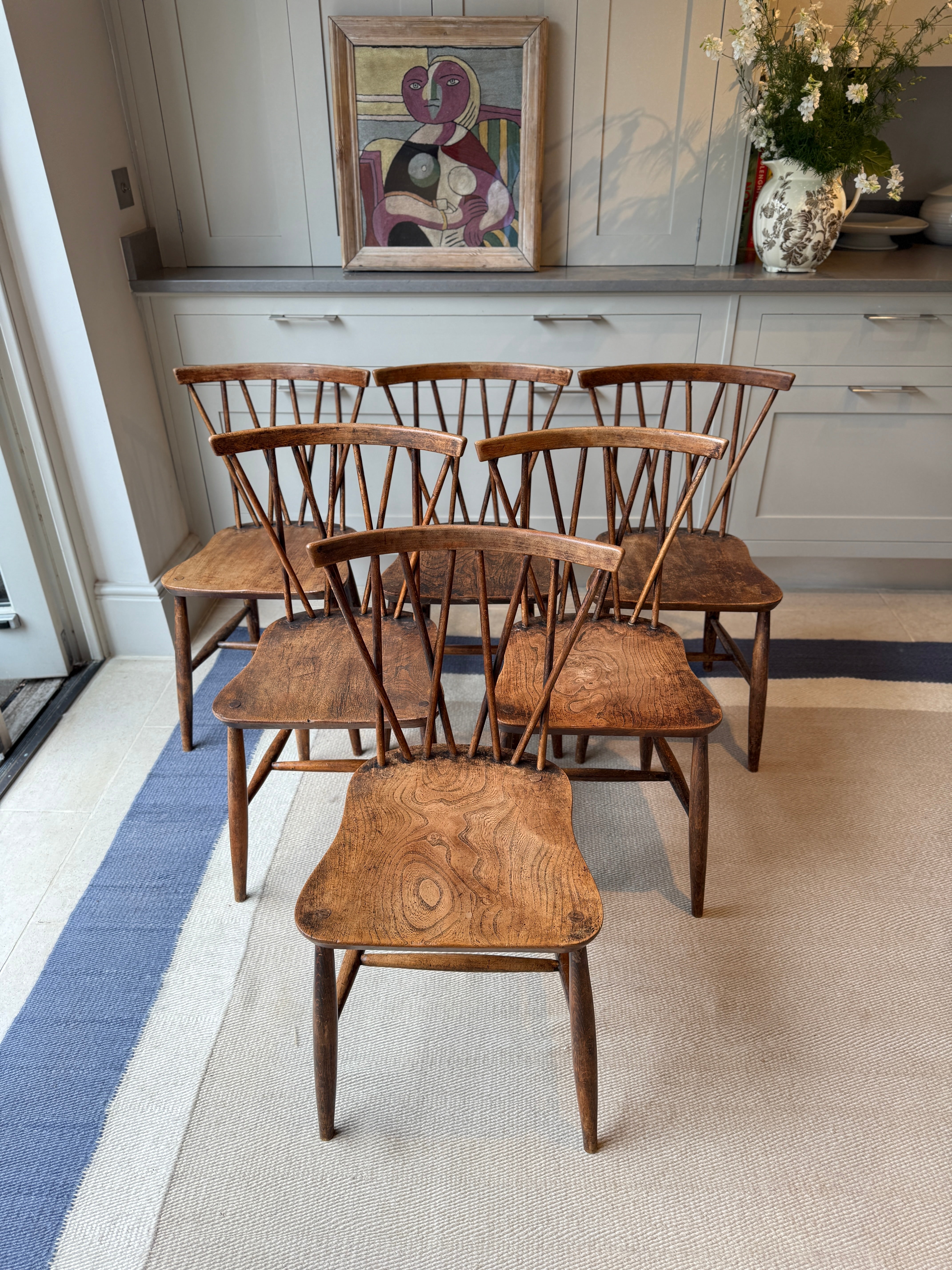 Set of Six Oak Chairs with Criss Cross Backs