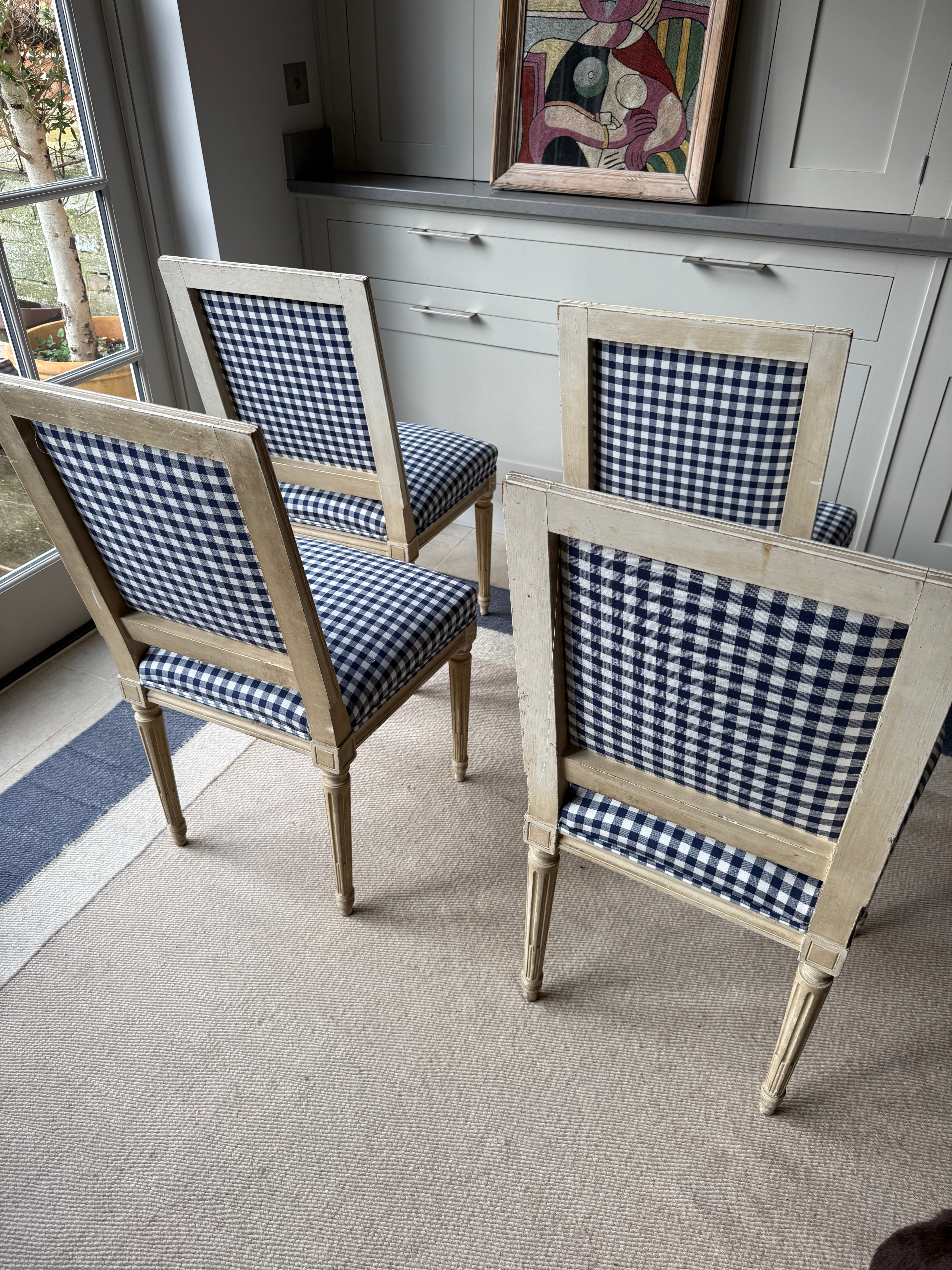 Set of 4 French Dining Chairs in Blue and White Gingham