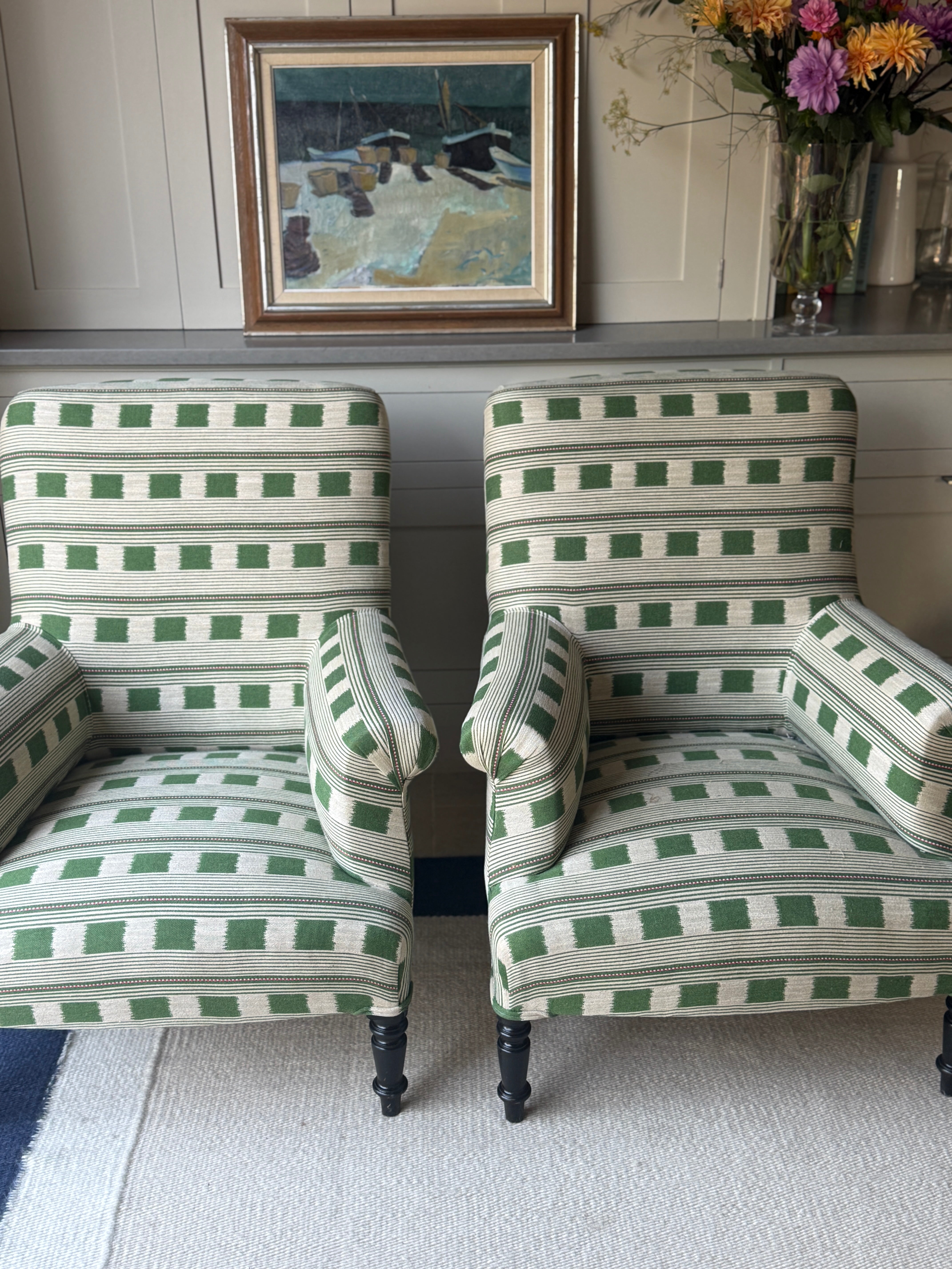 Pair of French Squareback Armchairs in Christopher Farr - Lost and Found