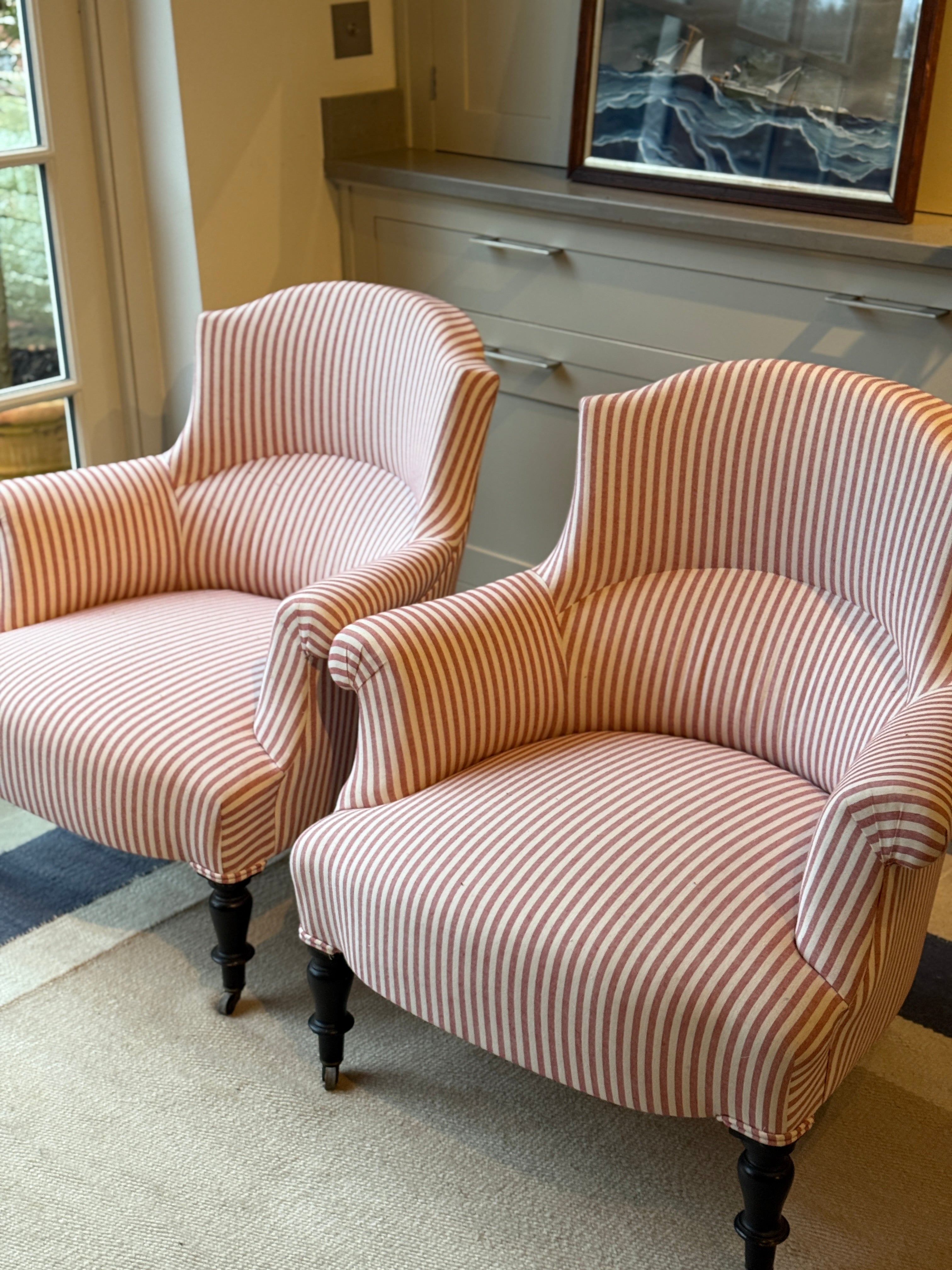 Pair Napoleon III Crapaud Chairs in Red and White Ticking