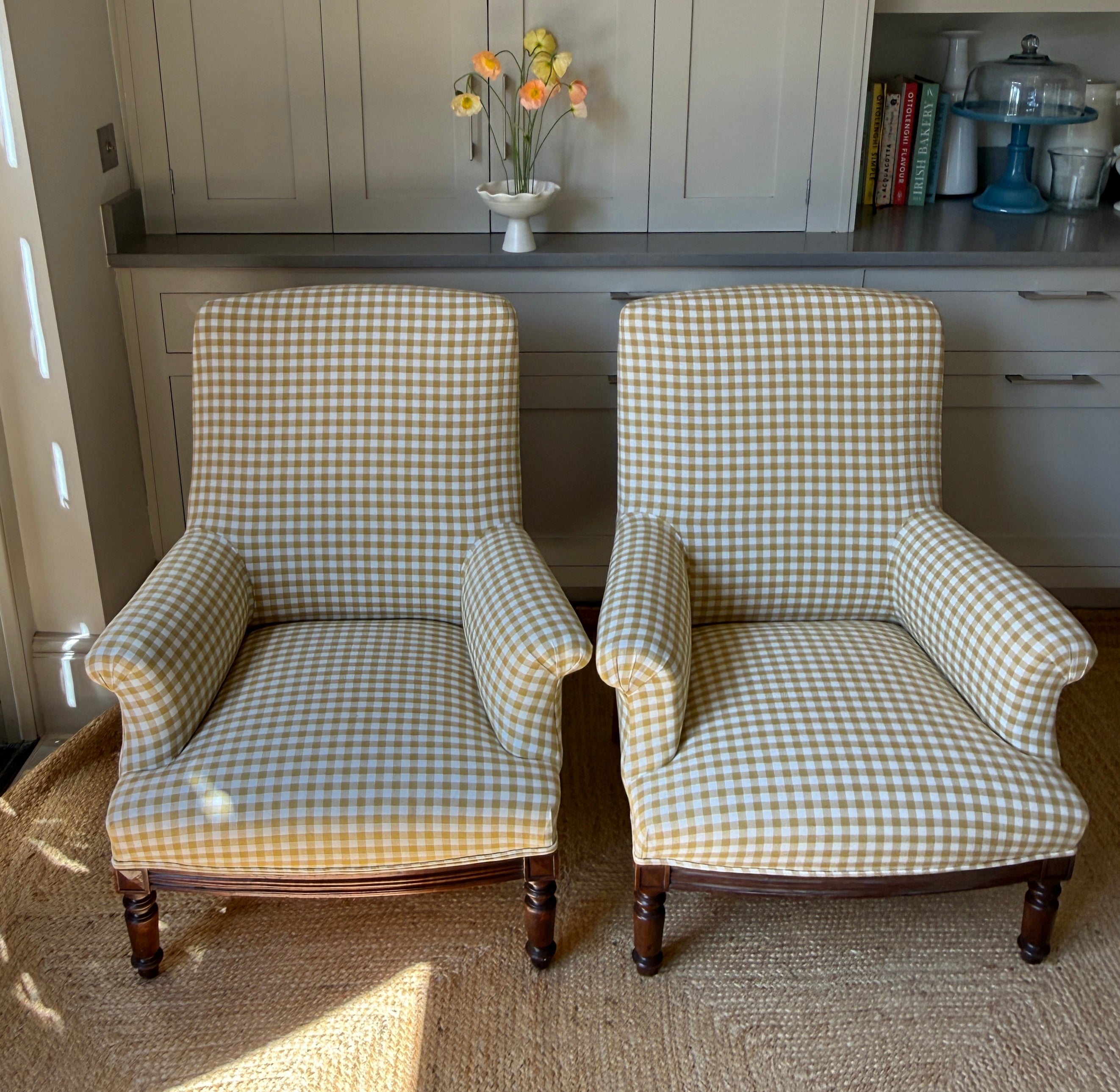 A Pair of Napoleon III Armchairs, Reupholstered in Yellow Gingham