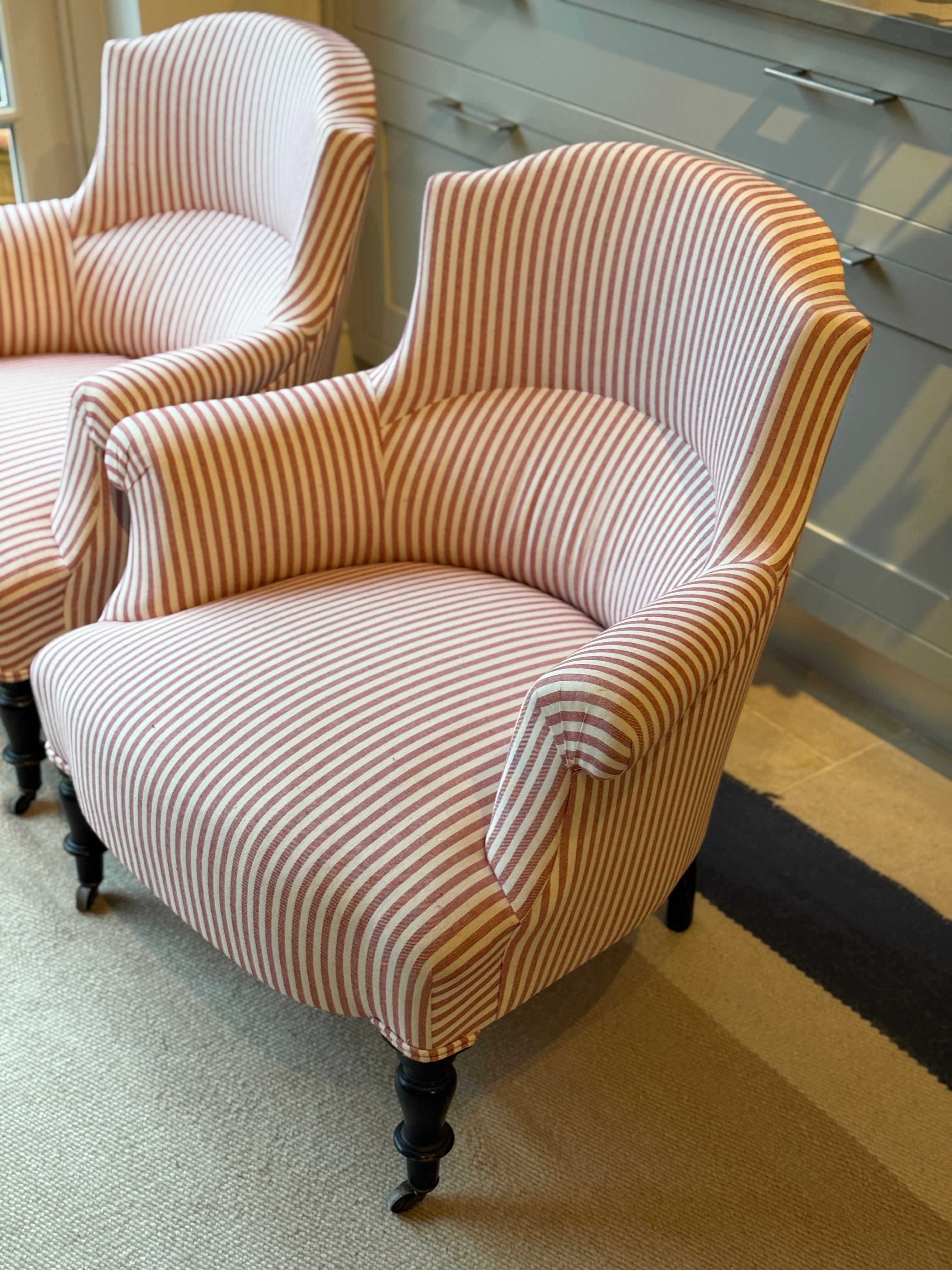 Pair Napoleon III Crapaud Chairs in Red and White Ticking