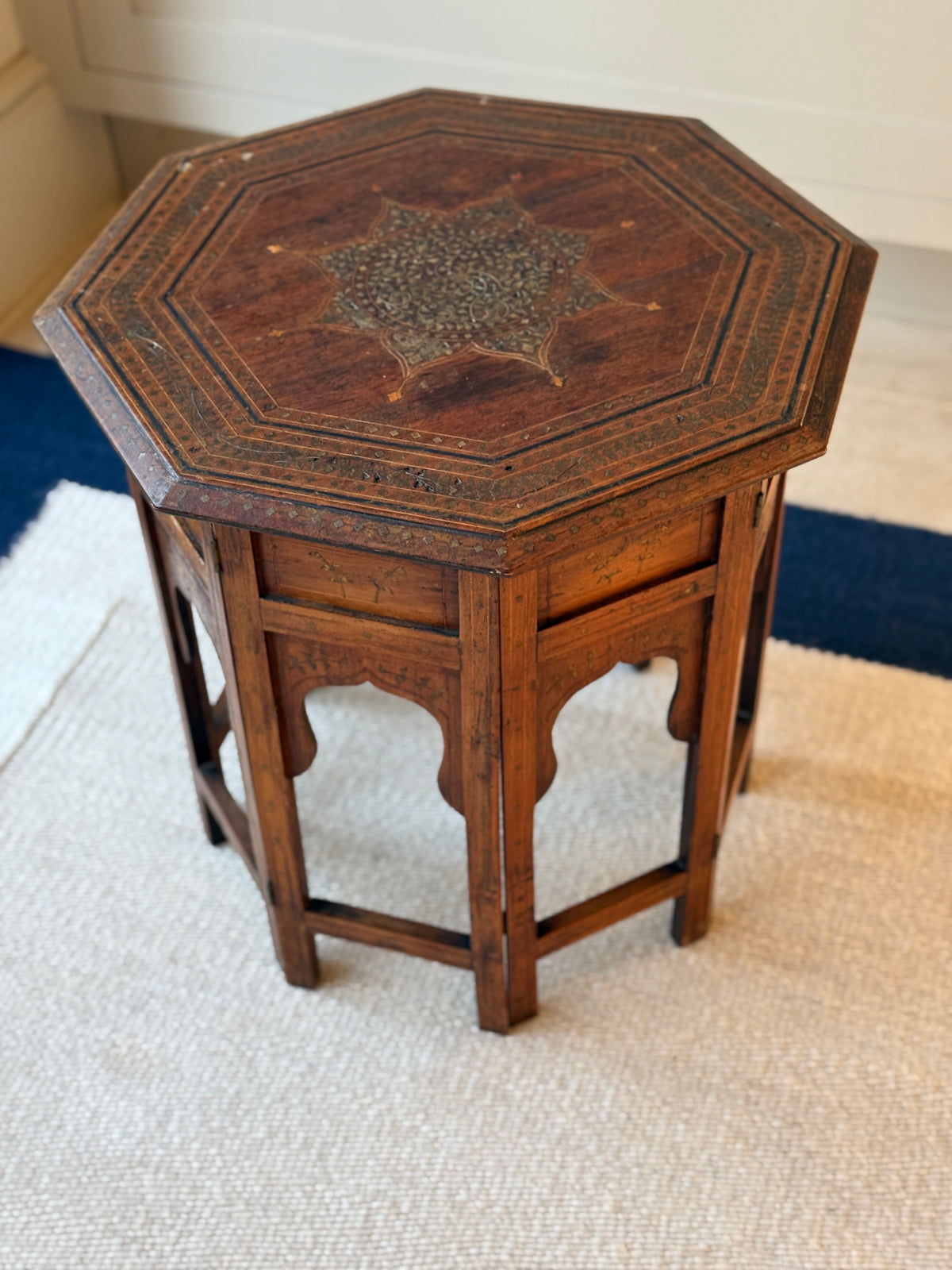 Antique Anglo-Indian Octagonal Folding Table with Brass Inlay