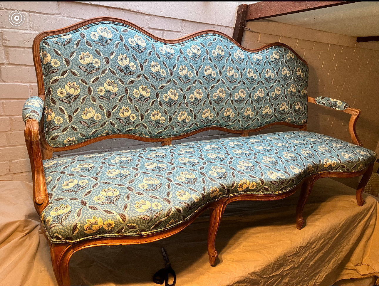 Large French Fauteuil Sofa reupholstered in Le Manach Balmoral Blue (Pierre Frey)