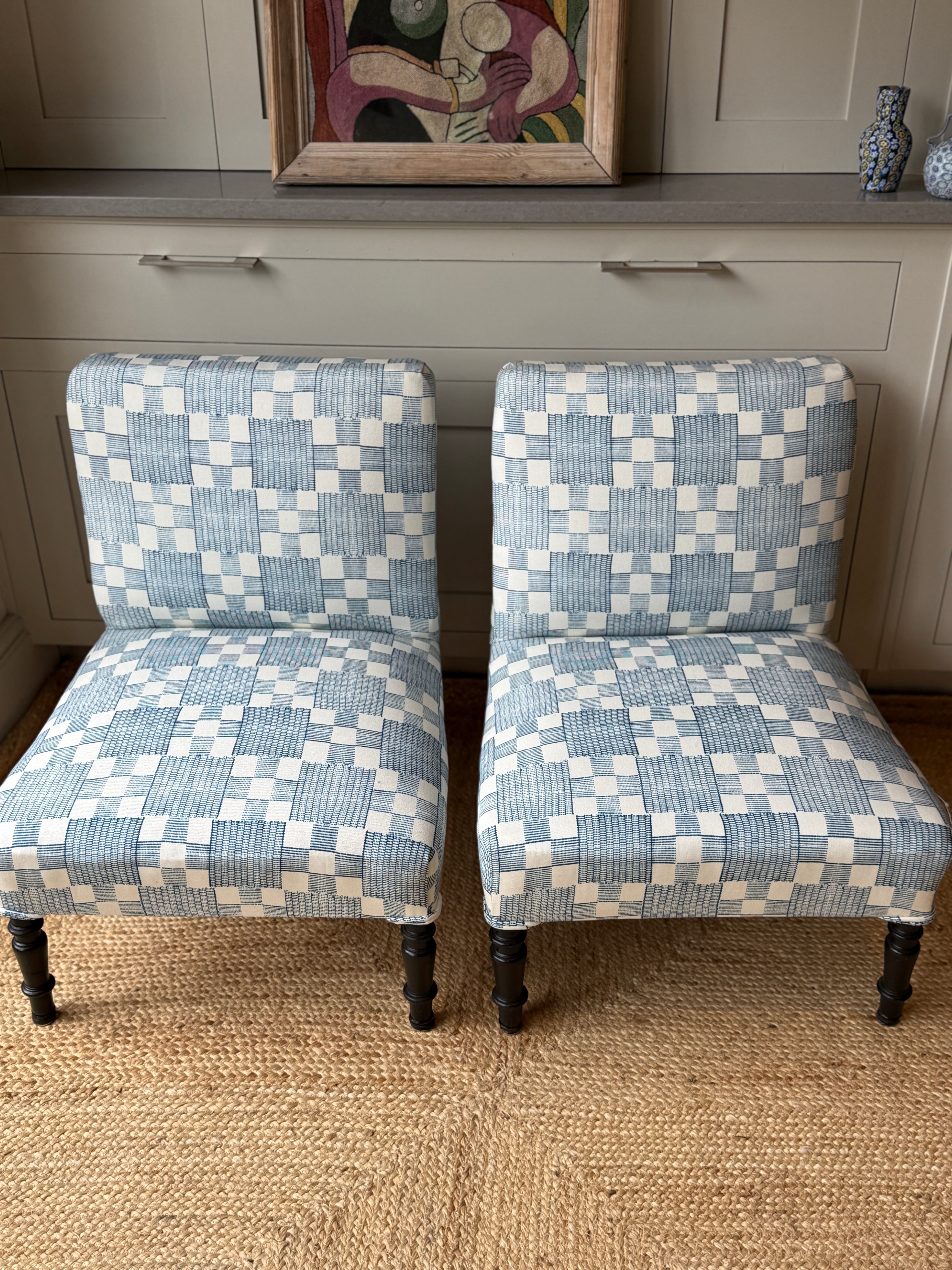 Pair of French Slipper Chairs in Jennifer Shorto Petrol Blue Panama