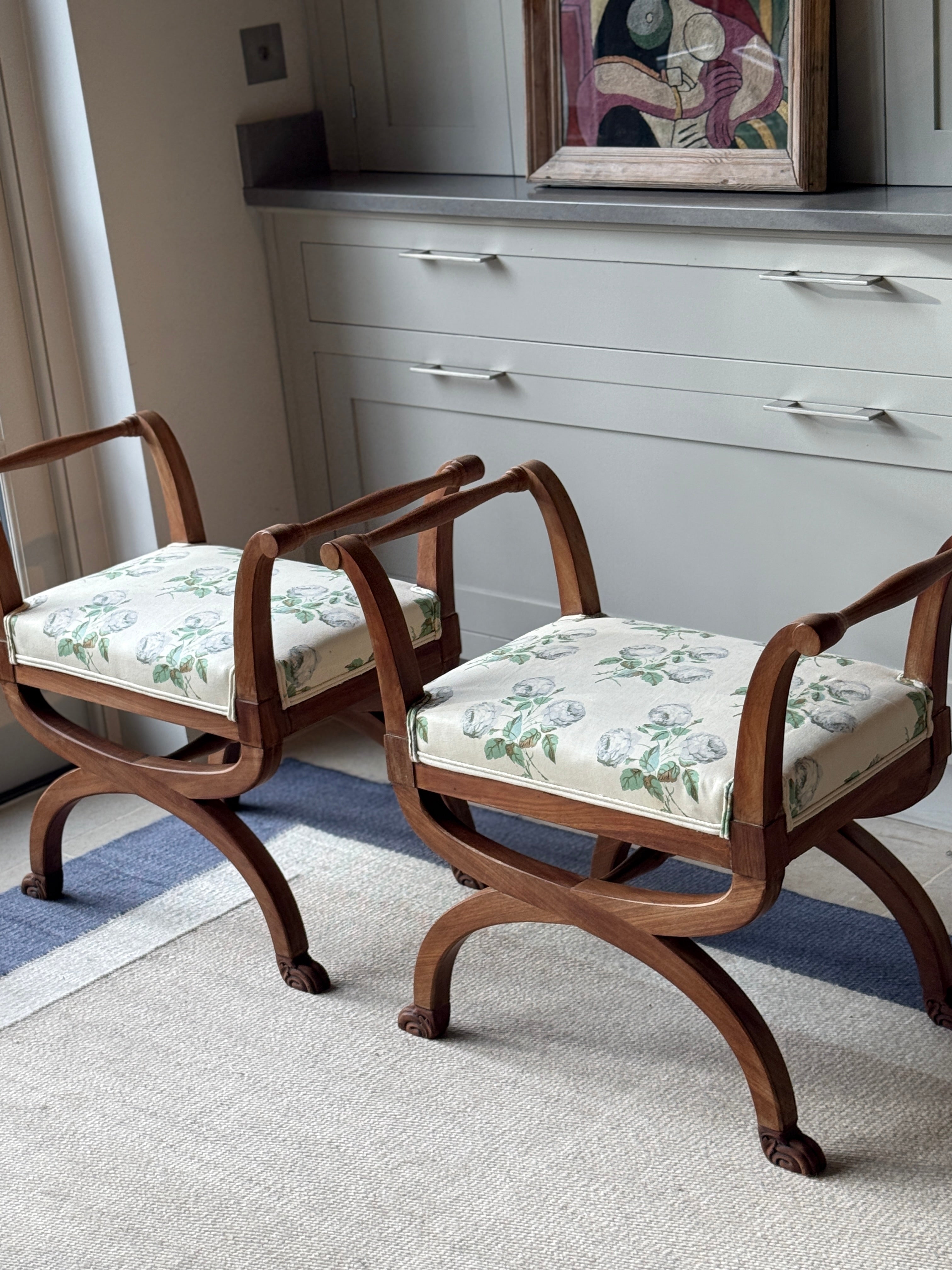 Pair of Bleached Mahogany X Frame Stools Upholstered in Colefax and Fowler Bowood