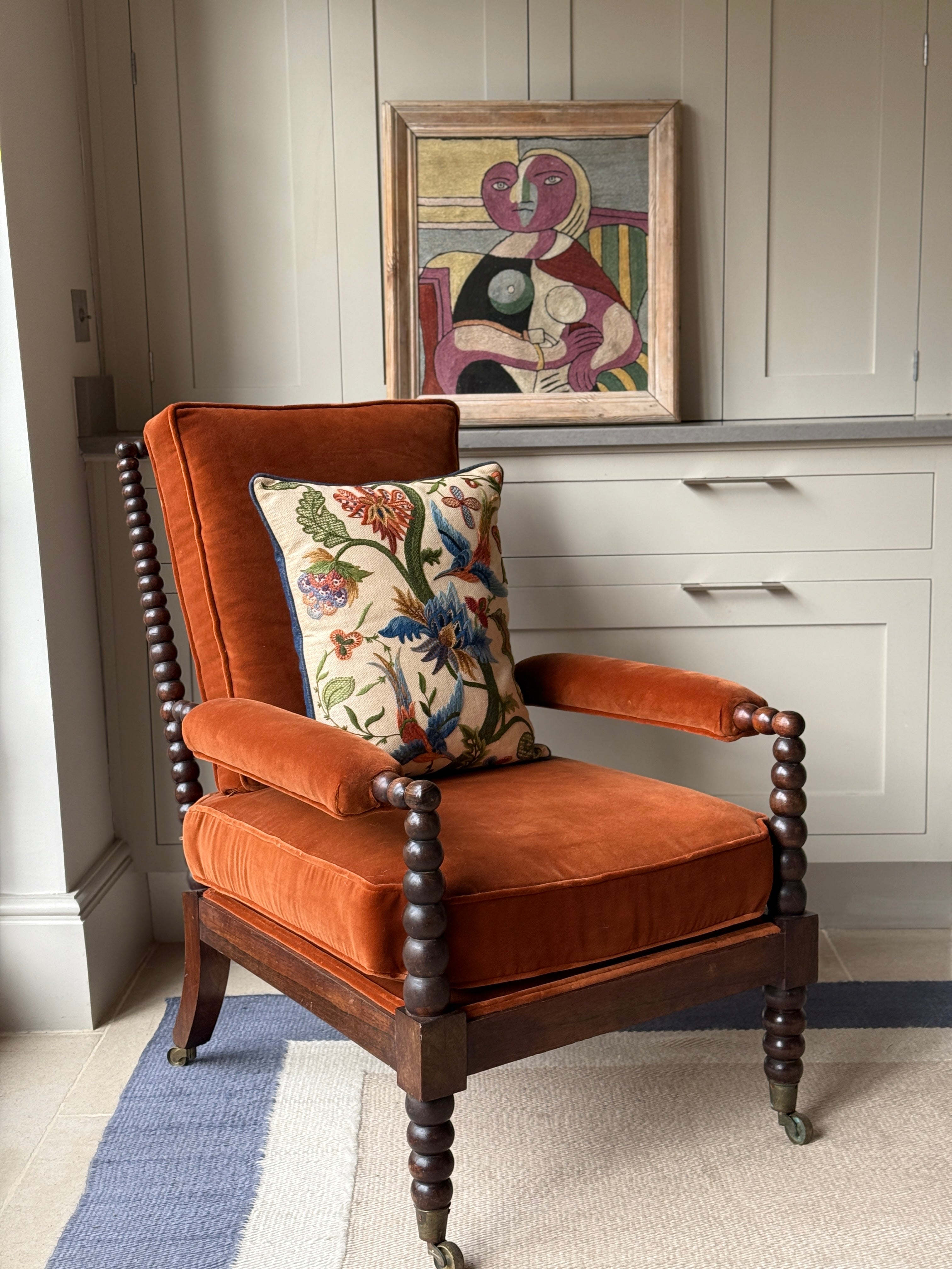 Early 20th Century Bobbin Turned Open Chair in RU Velvet