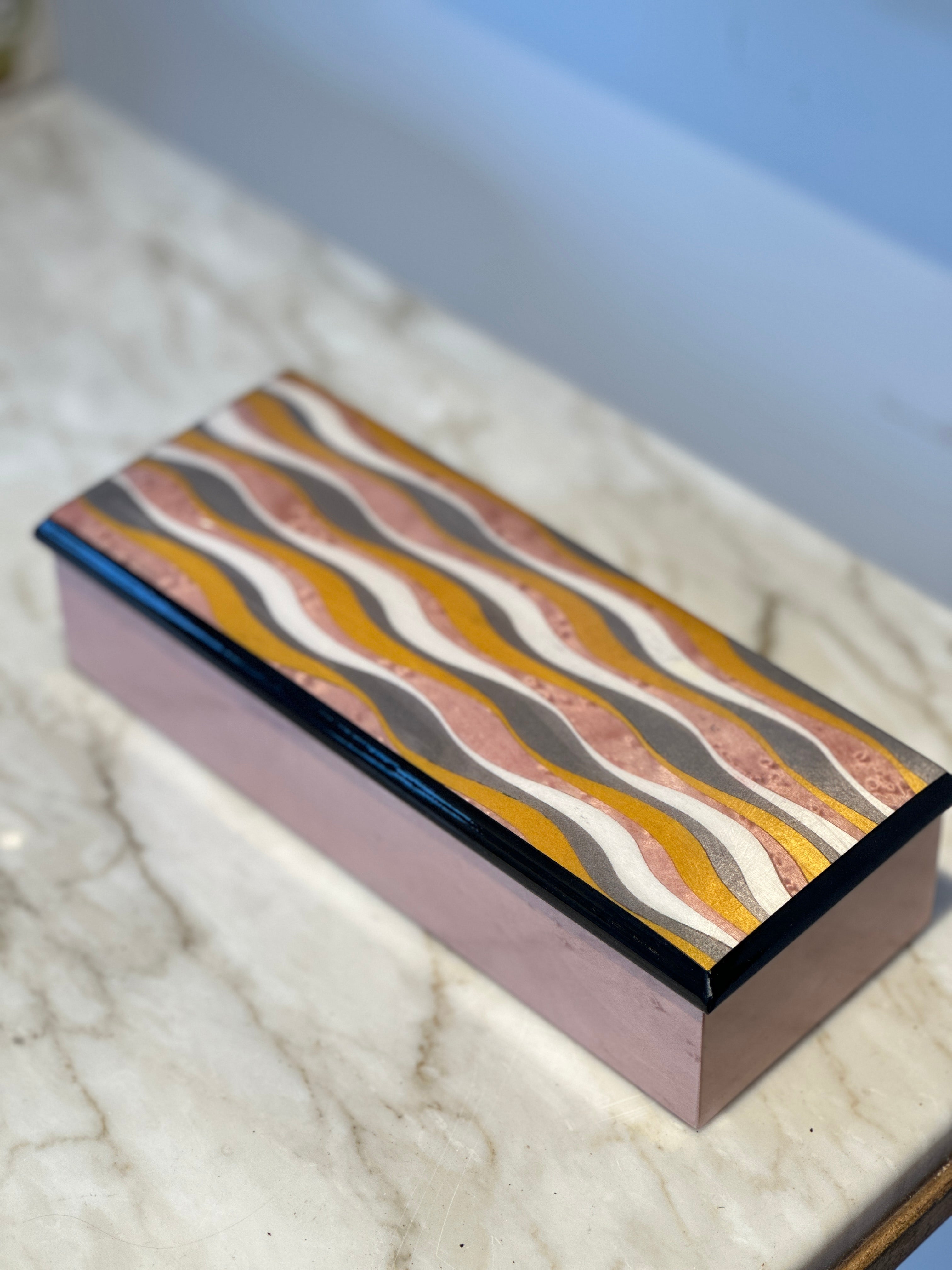 Long Rectangular Marquetry Boxes with Velvet Interiors