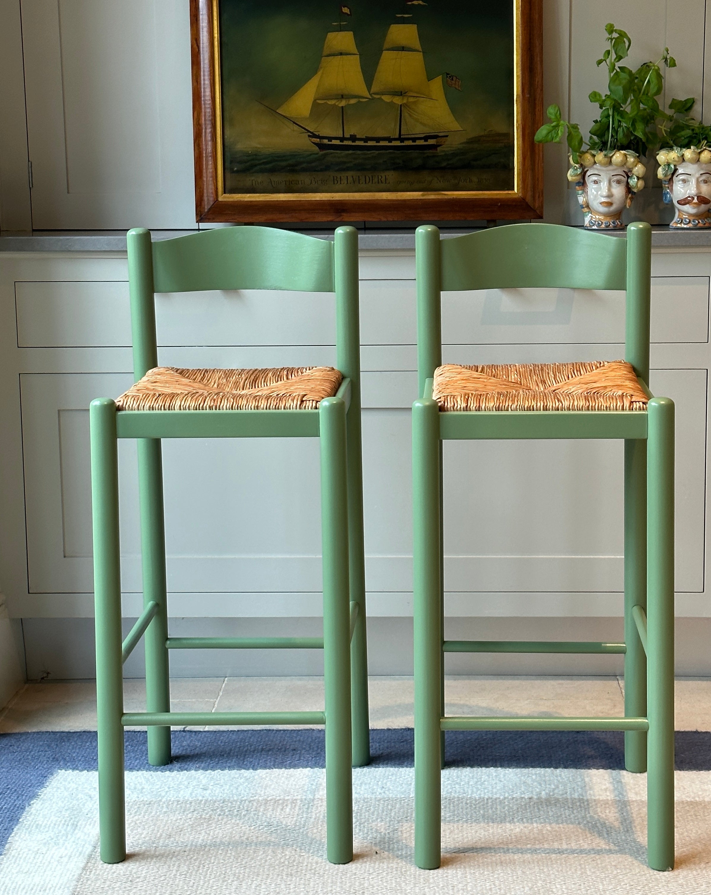 Pair of Rush Seat Wooden Barstools in F&B Calke Green