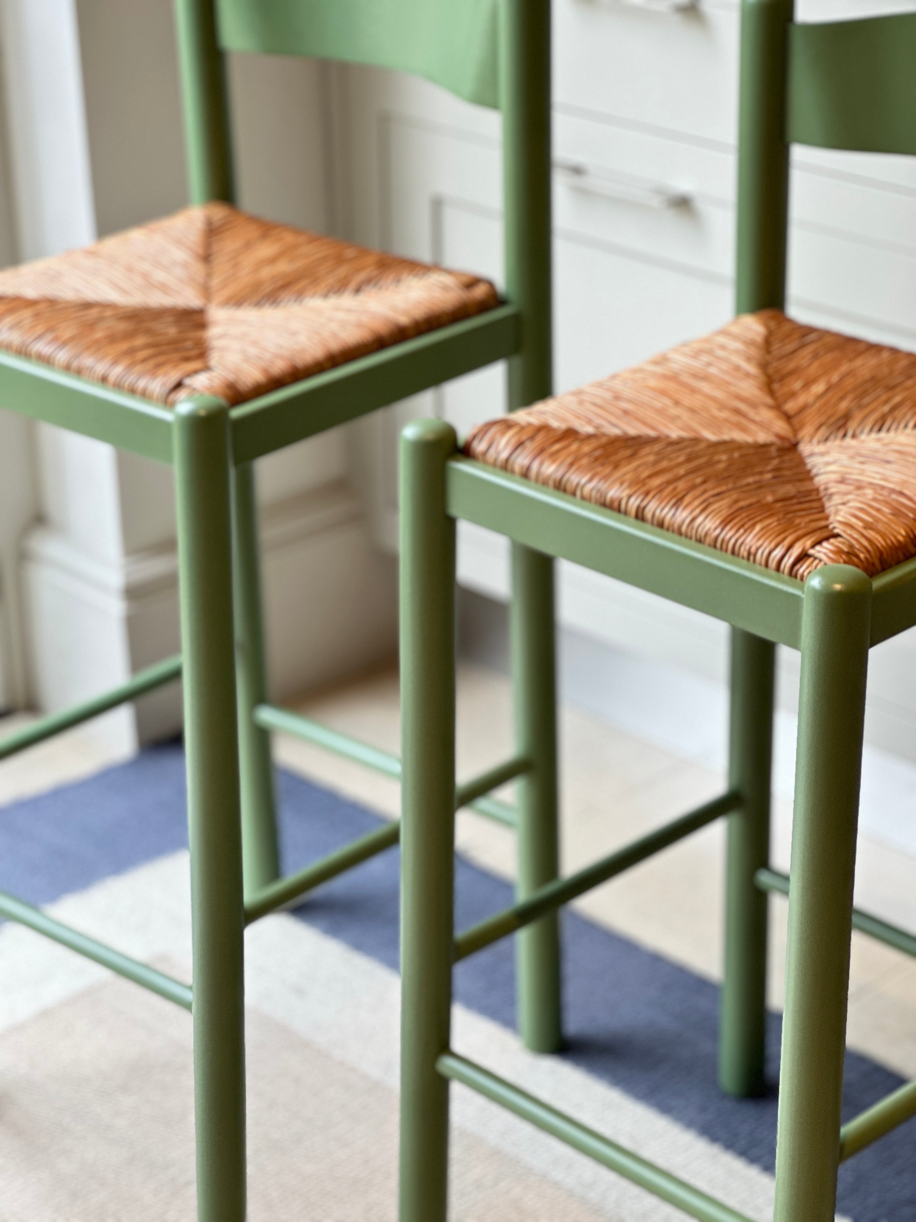 Pair of Rush Seat Wooden Barstools in F&B Calke Green