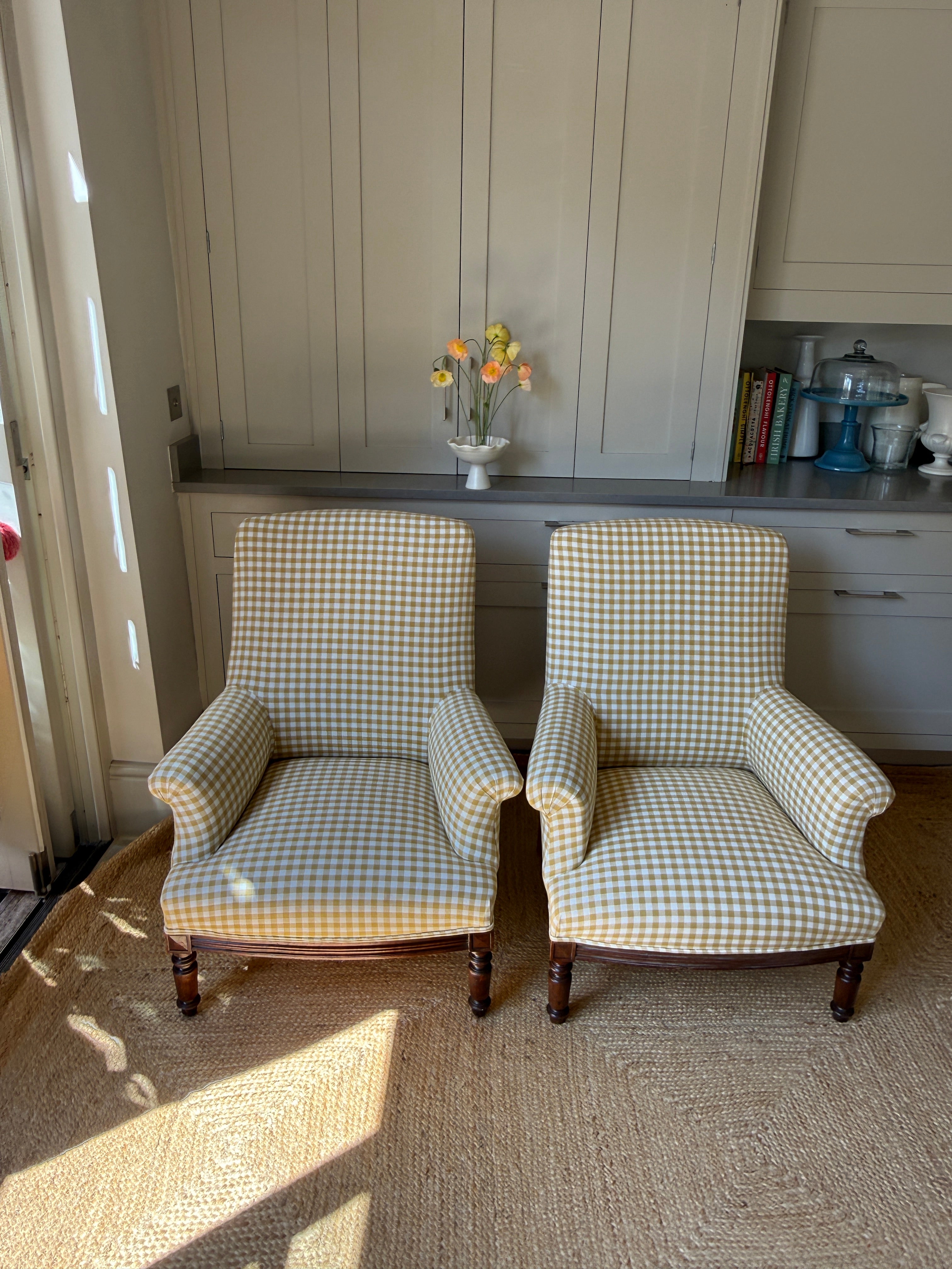 A Pair of Napoleon III Armchairs, Reupholstered in Yellow Gingham