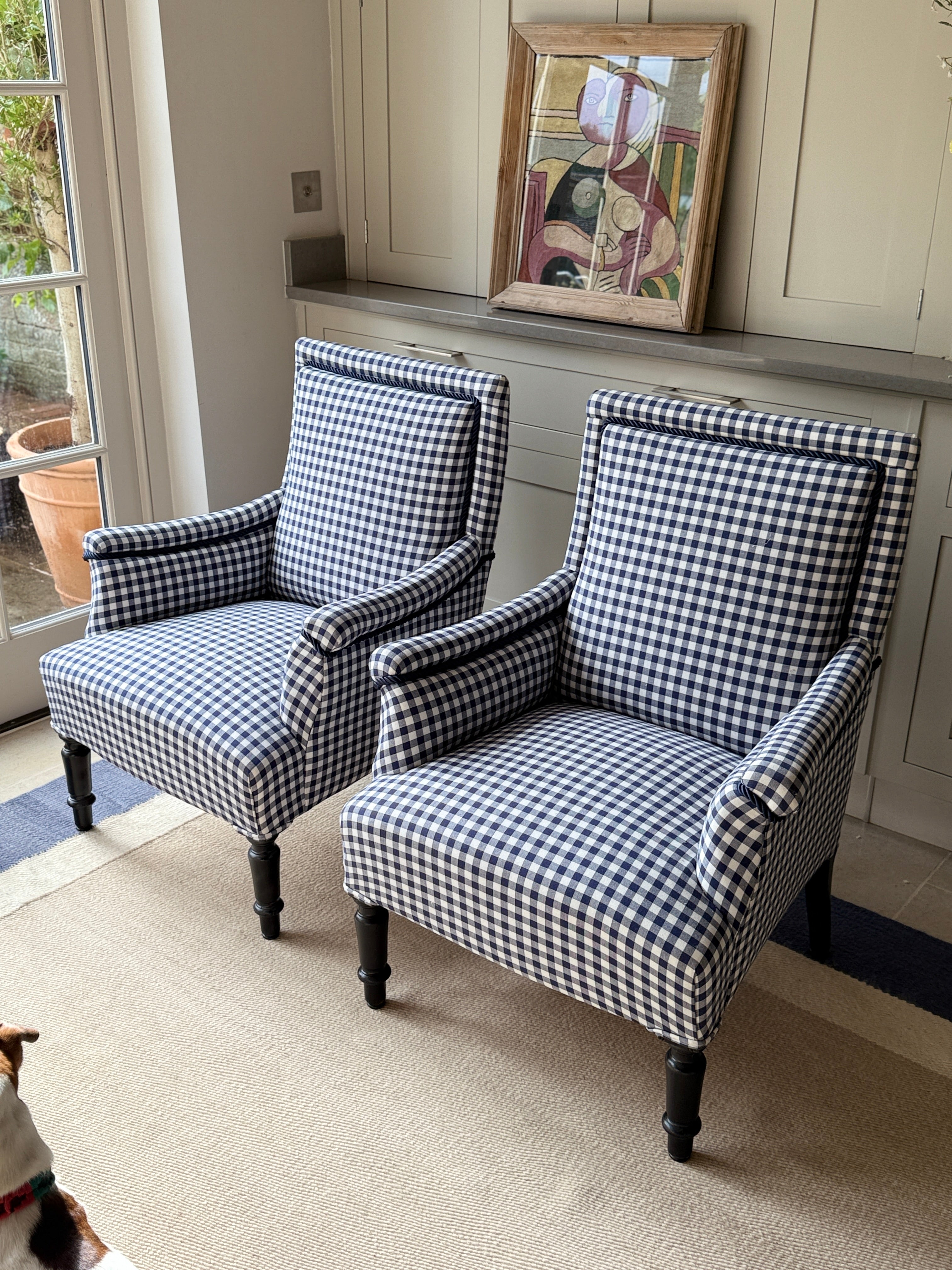 Pair of 19th Century French Armchairs in Navy Gingham