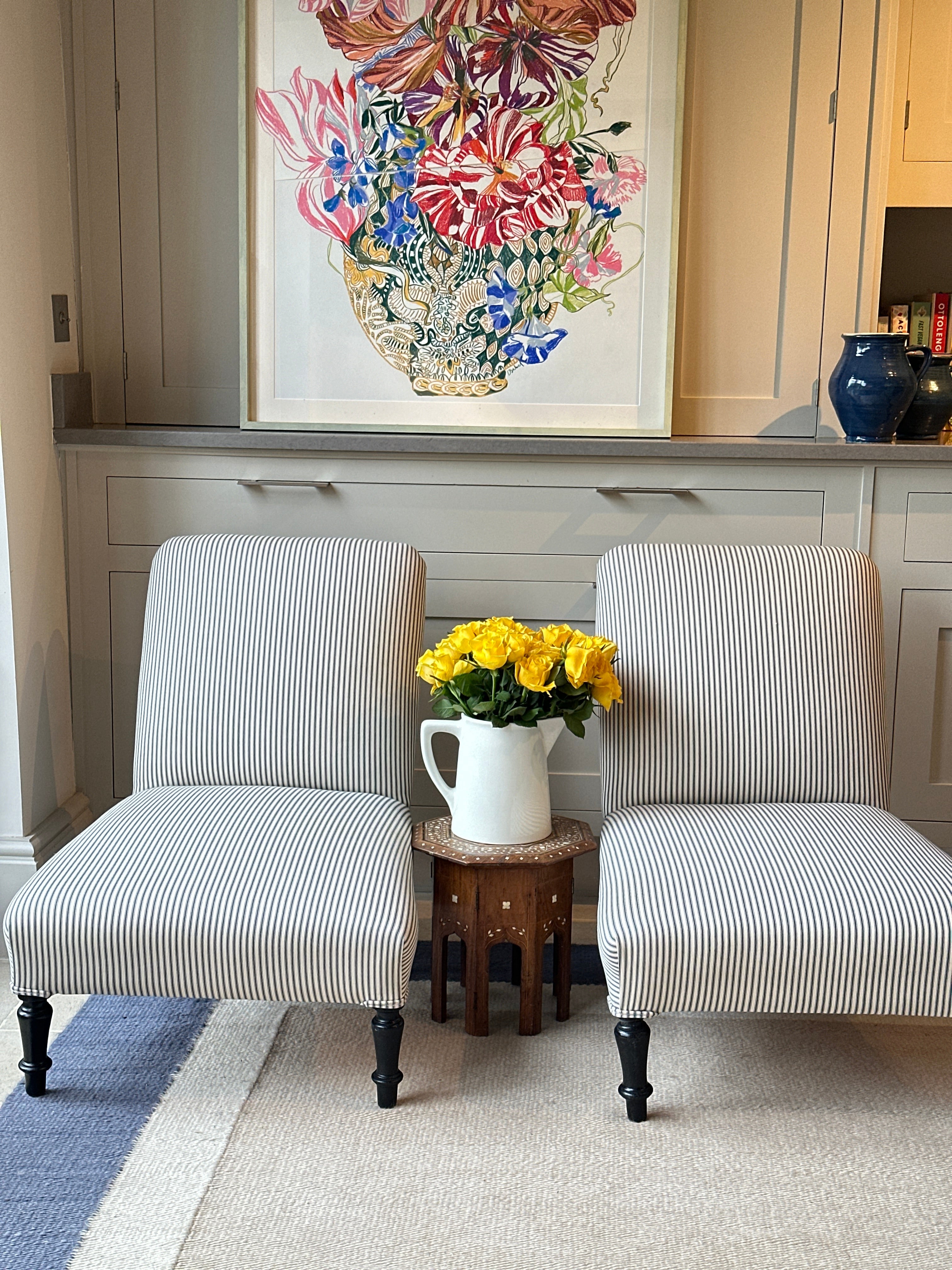 Pair of French 19th Century Slipper chairs in modern blue ticking