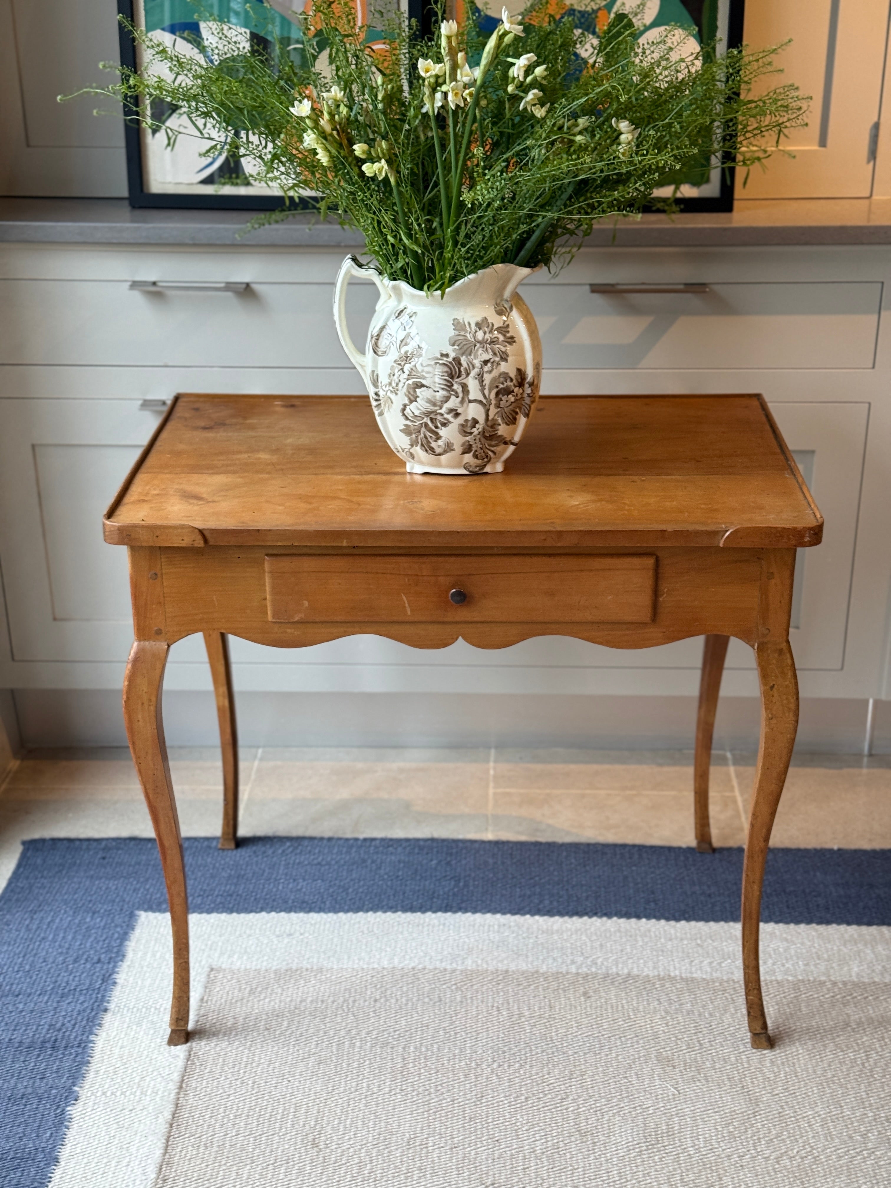 French Fruitwood Table with scalloped apron and drawer