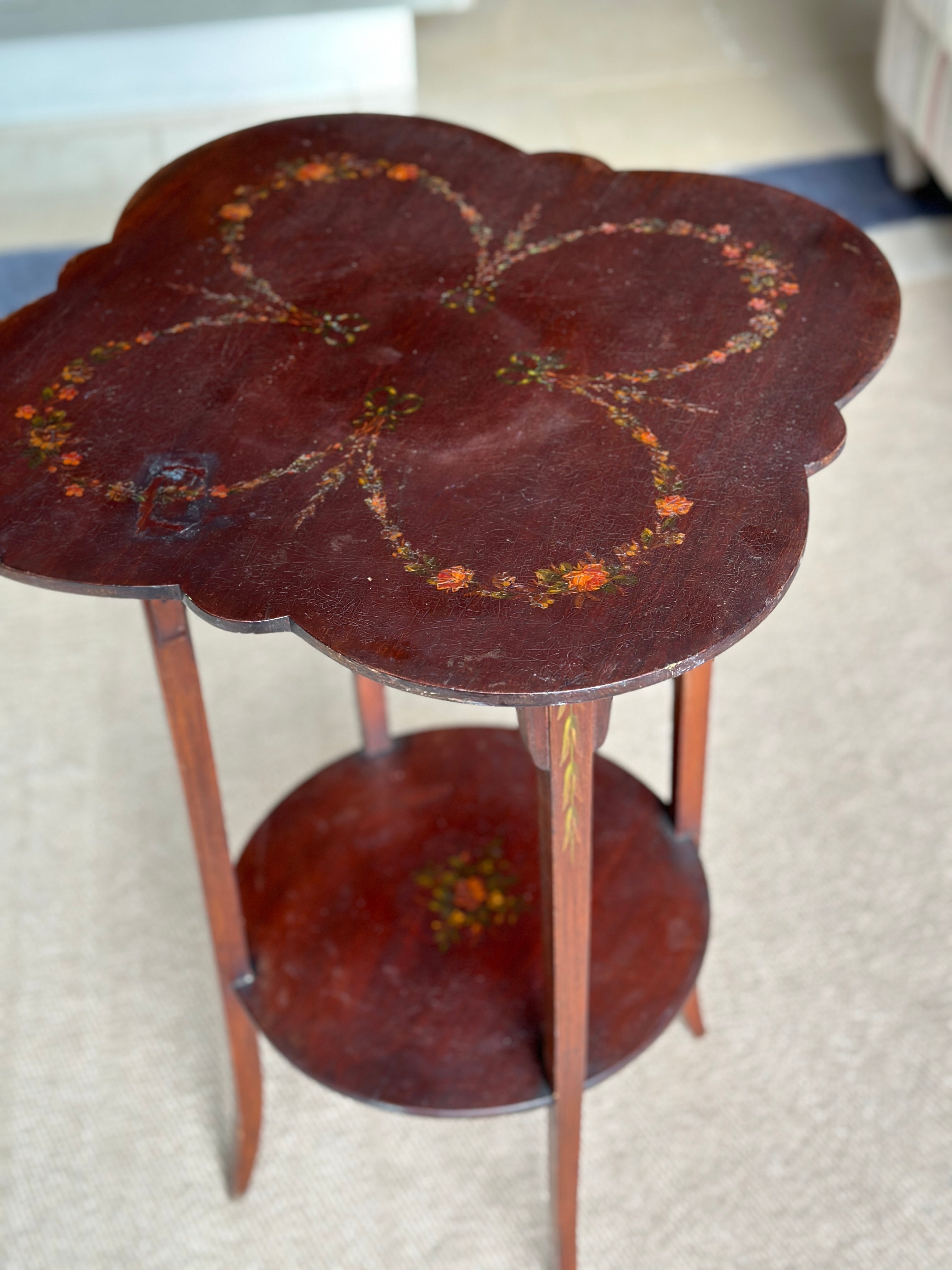 Decoratively Painted Pine Side table with shelf