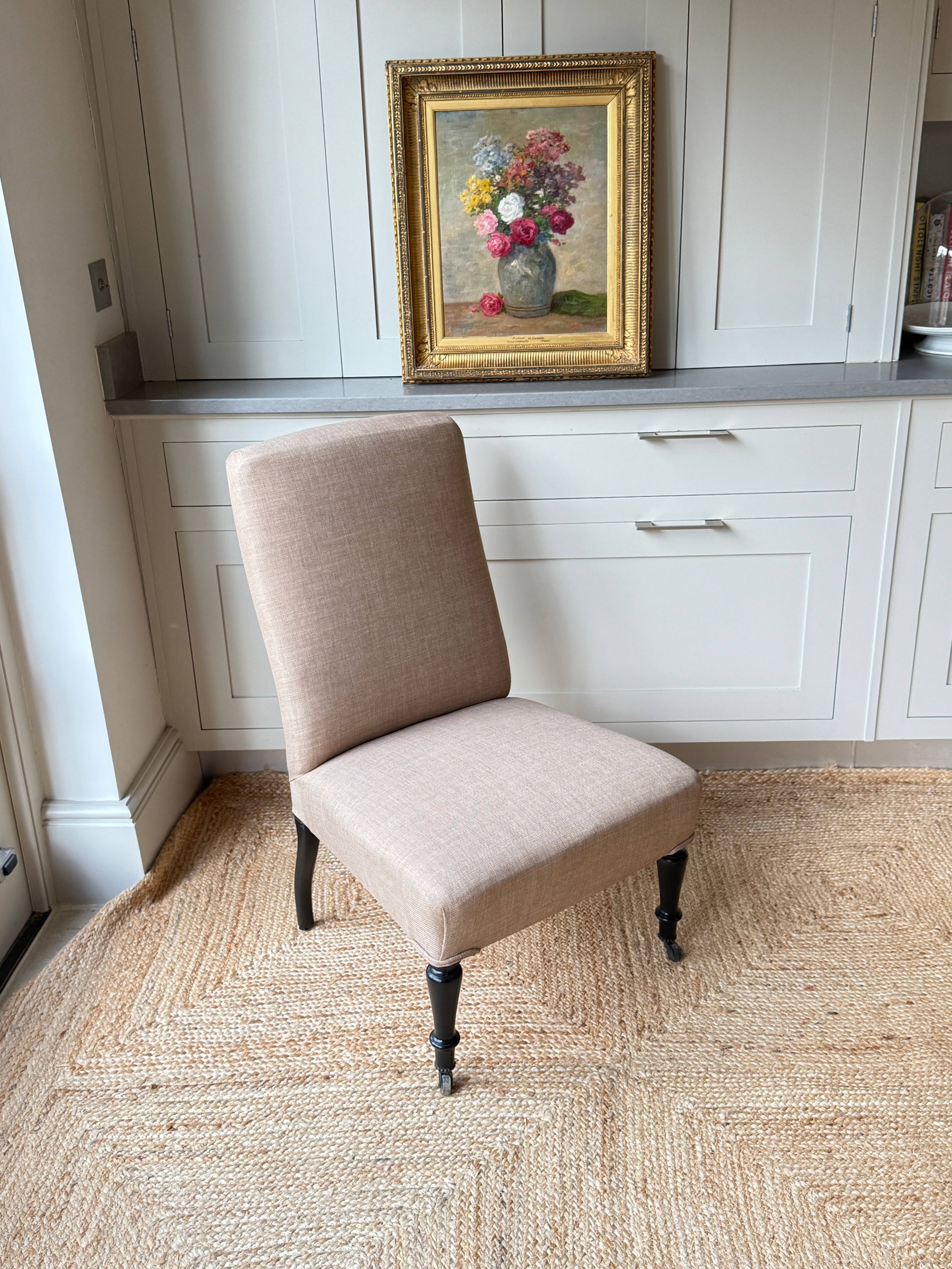 Late 19th Century Slipper Chair in heavy beige linen.