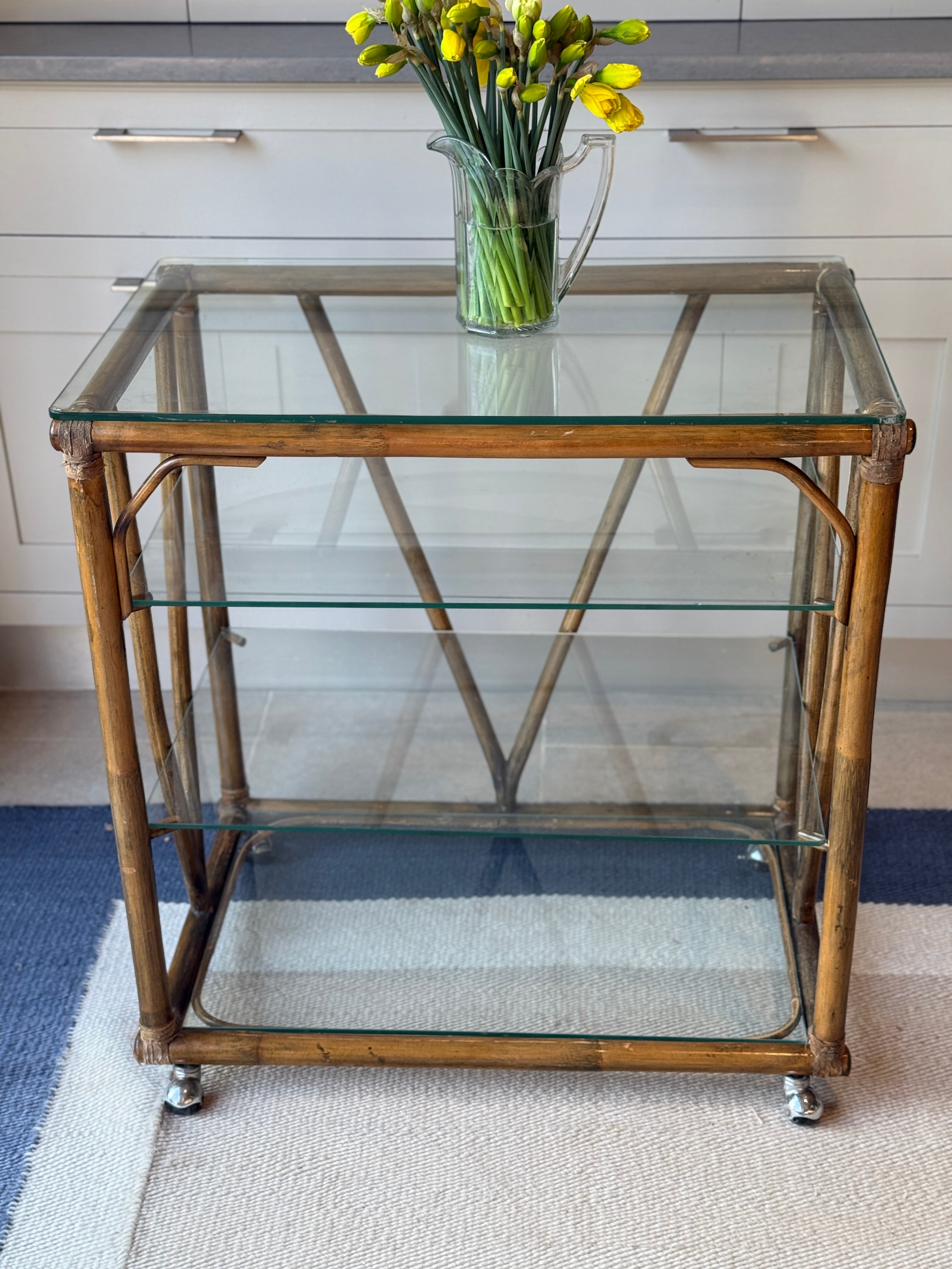 Italian Mid Century Cane & Glass Trolley