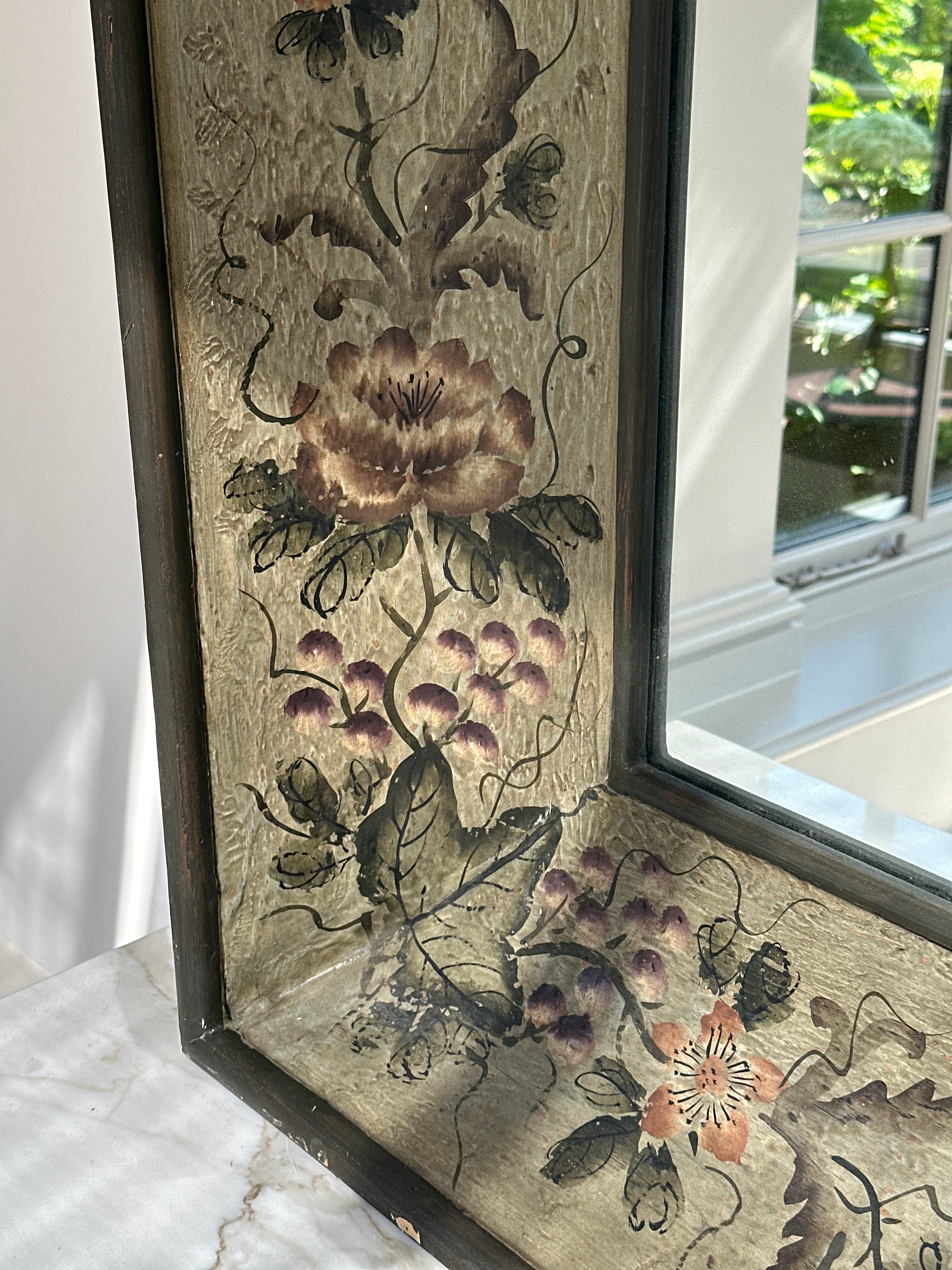 Large Vintage Wooden Dark Green Mirror with hand painted floral motifs