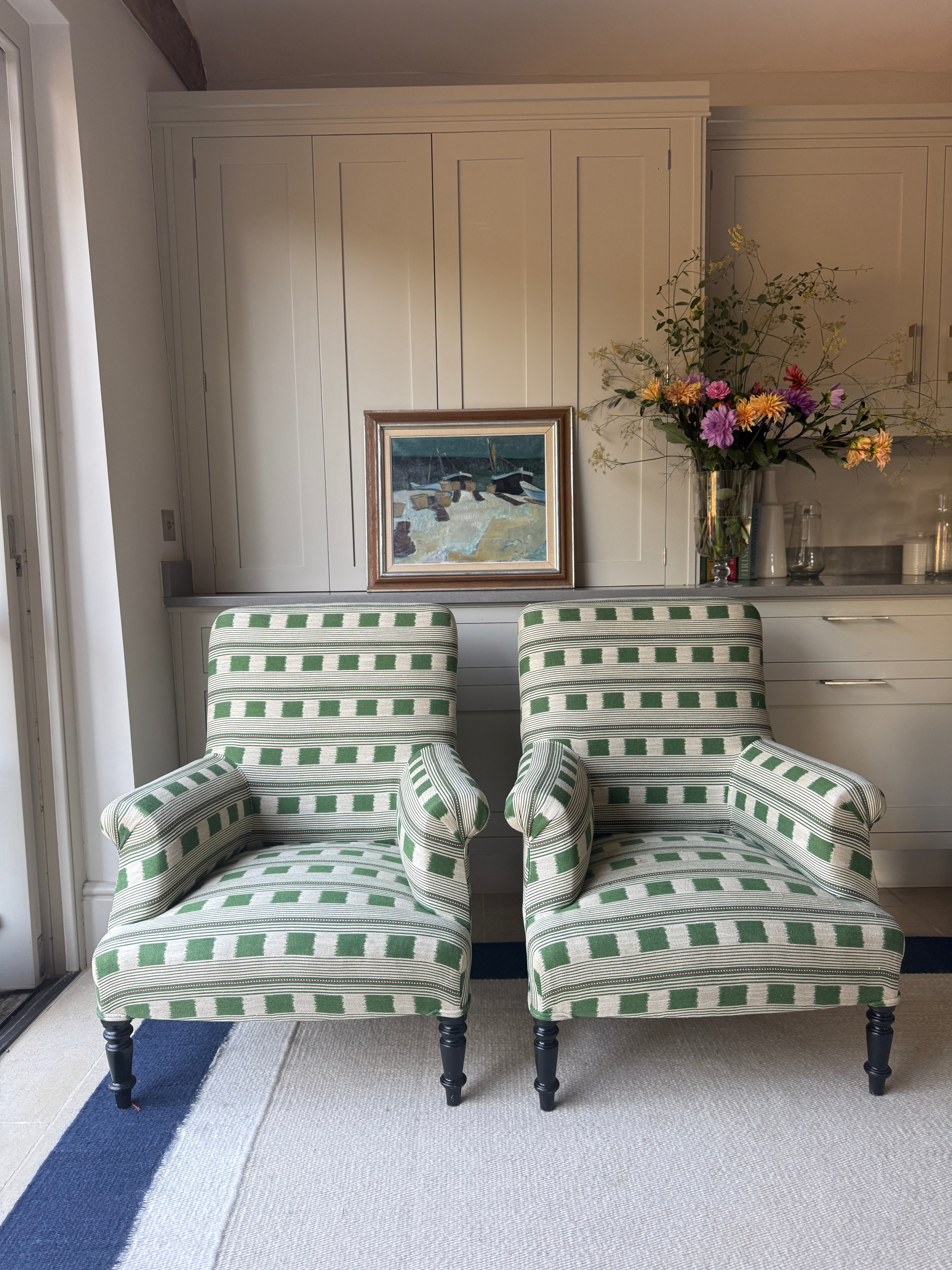 Pair of French Squareback Armchairs in Christopher Farr - Lost and Found