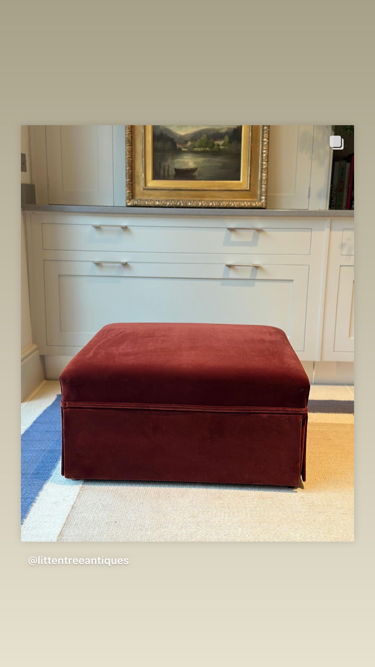 Antique French Ottoman Footstool in Rose Uniacke Cotton Velvet Burnt Siena