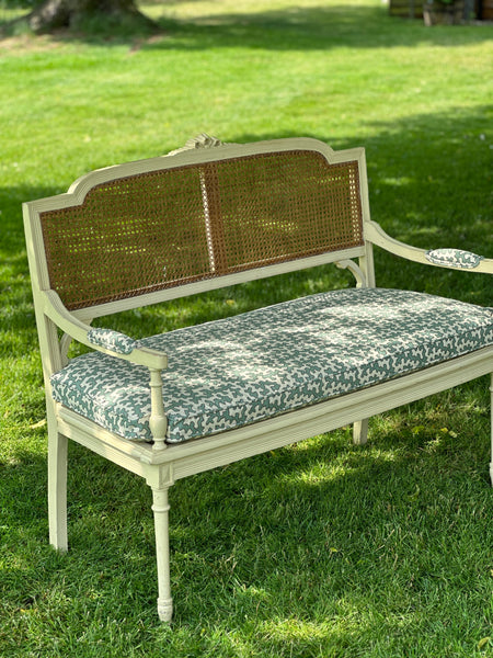 19th Century Cane Bench with Cushion with Colefax & Fowler Squiggle Fabric