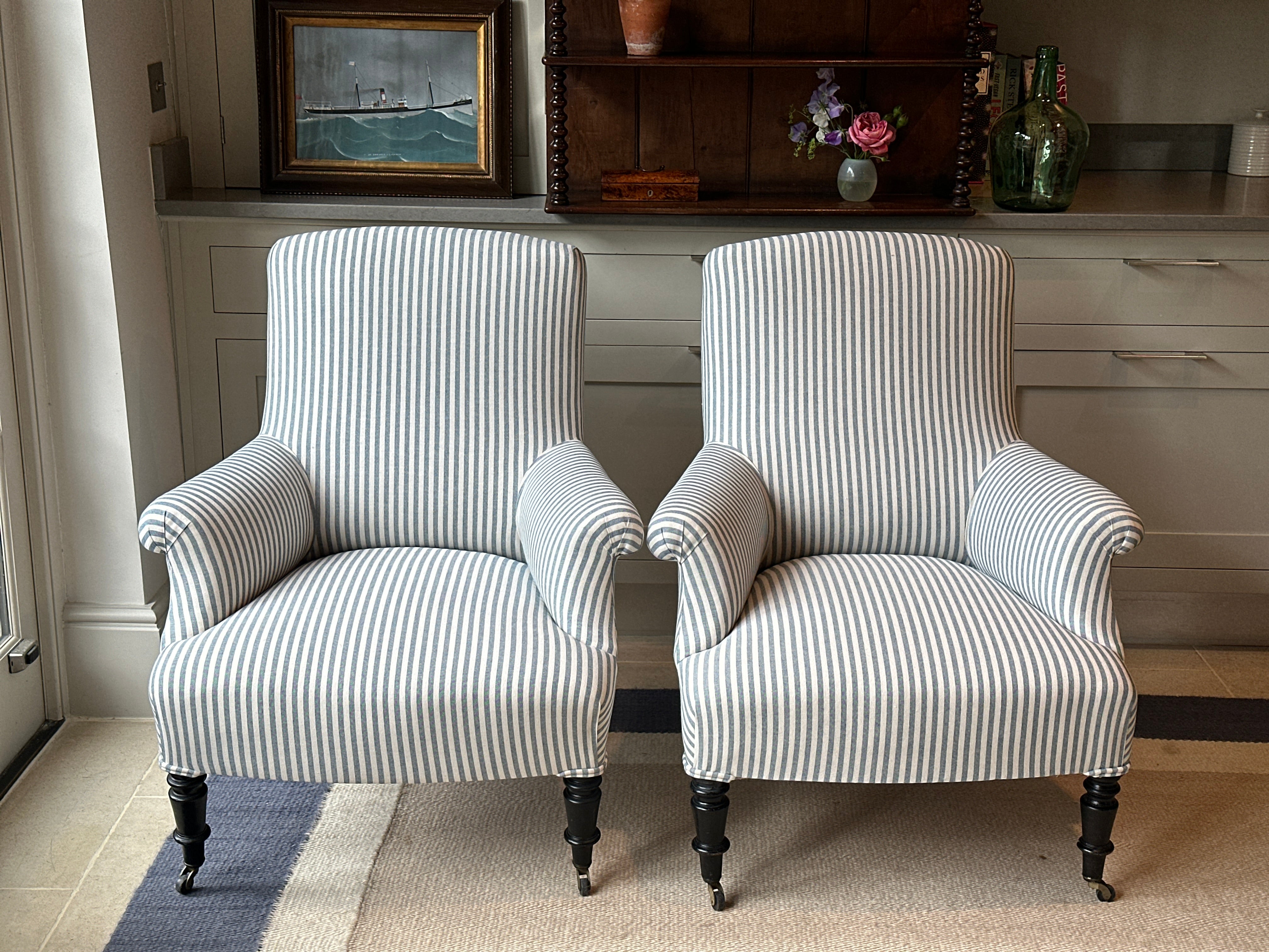 Sold Pair of Square Back French chairs in blue ticking