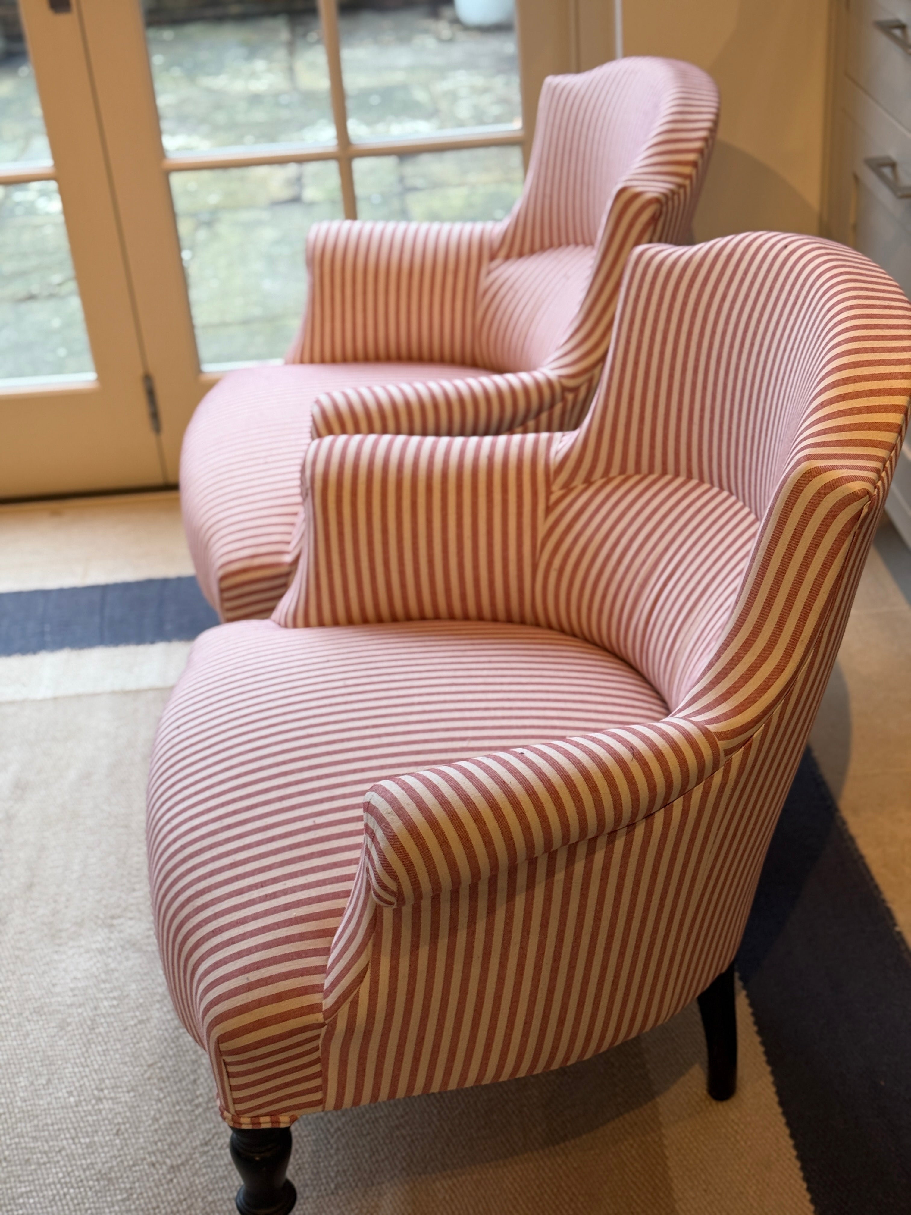 Pair Napoleon III Crapaud Chairs in Red and White Ticking