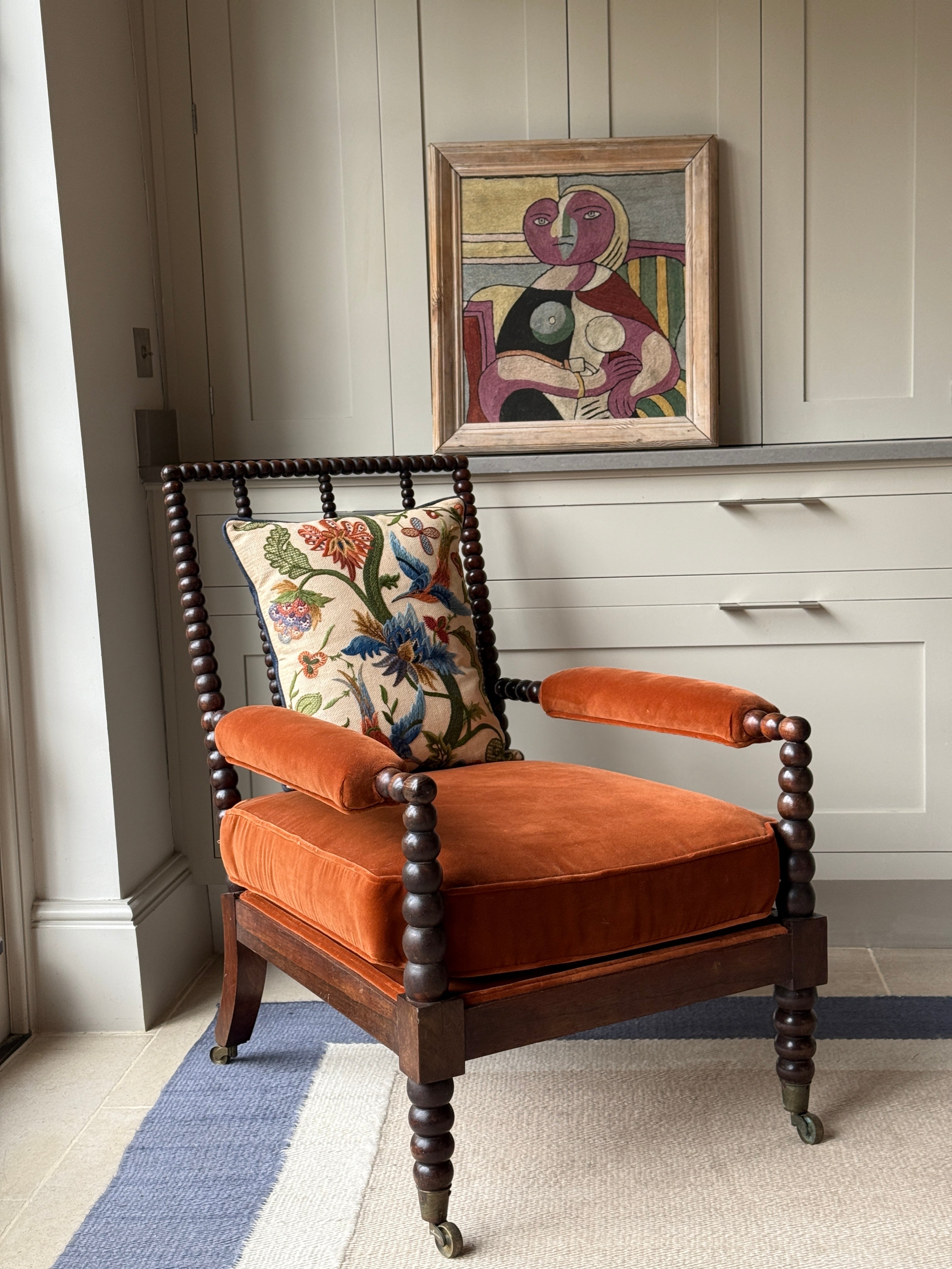 Early 20th Century Bobbin Turned Open Chair in RU Velvet