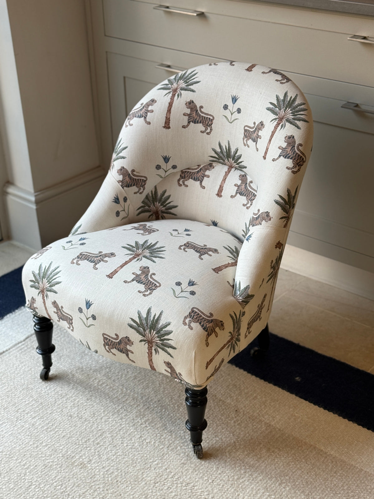 Antique French Slipper Chair in Schumacher ‘ Tiger Palm’