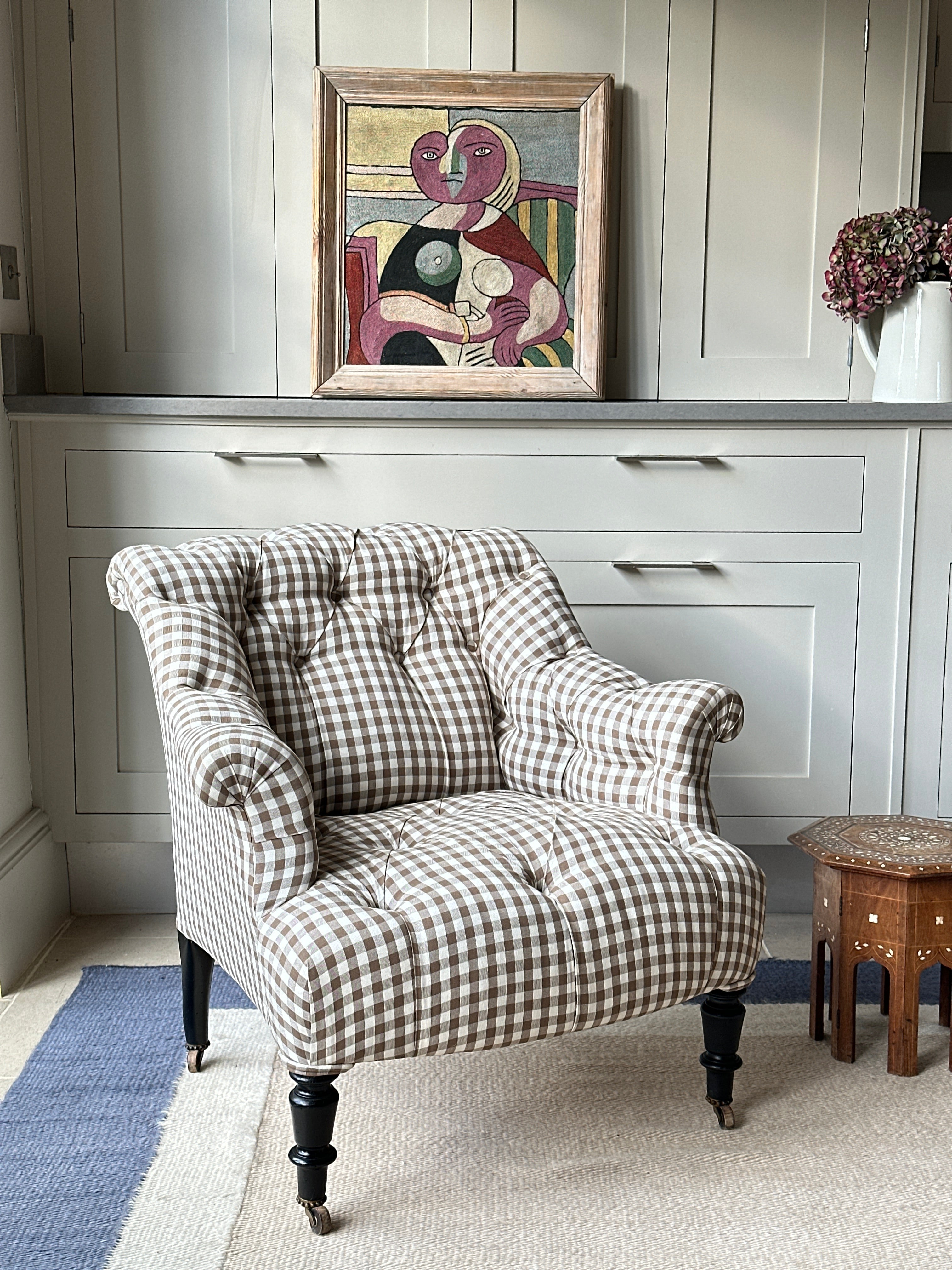 Small French Button Back Chair in Brown Gingham