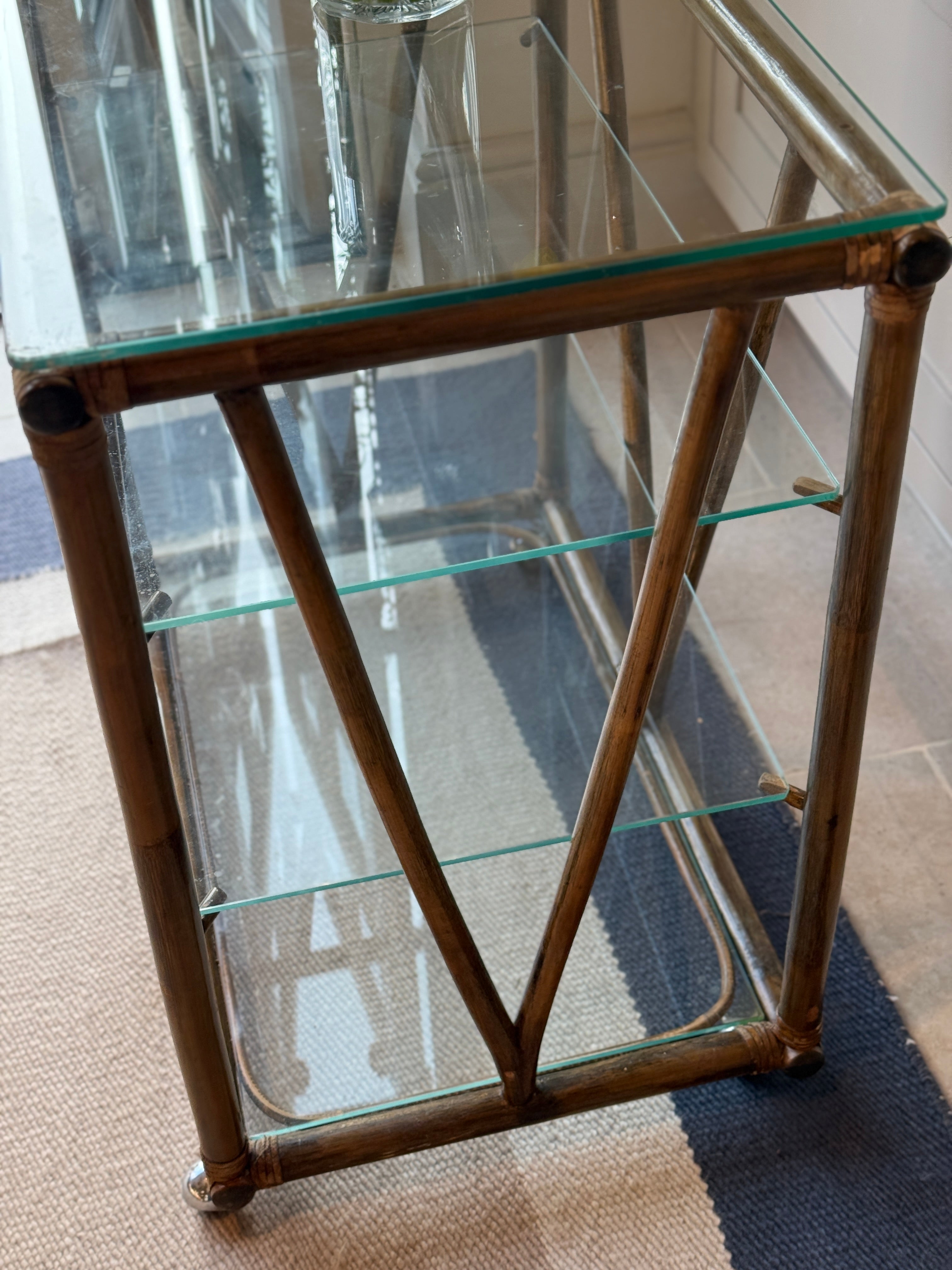 Italian Mid Century Cane & Glass Trolley