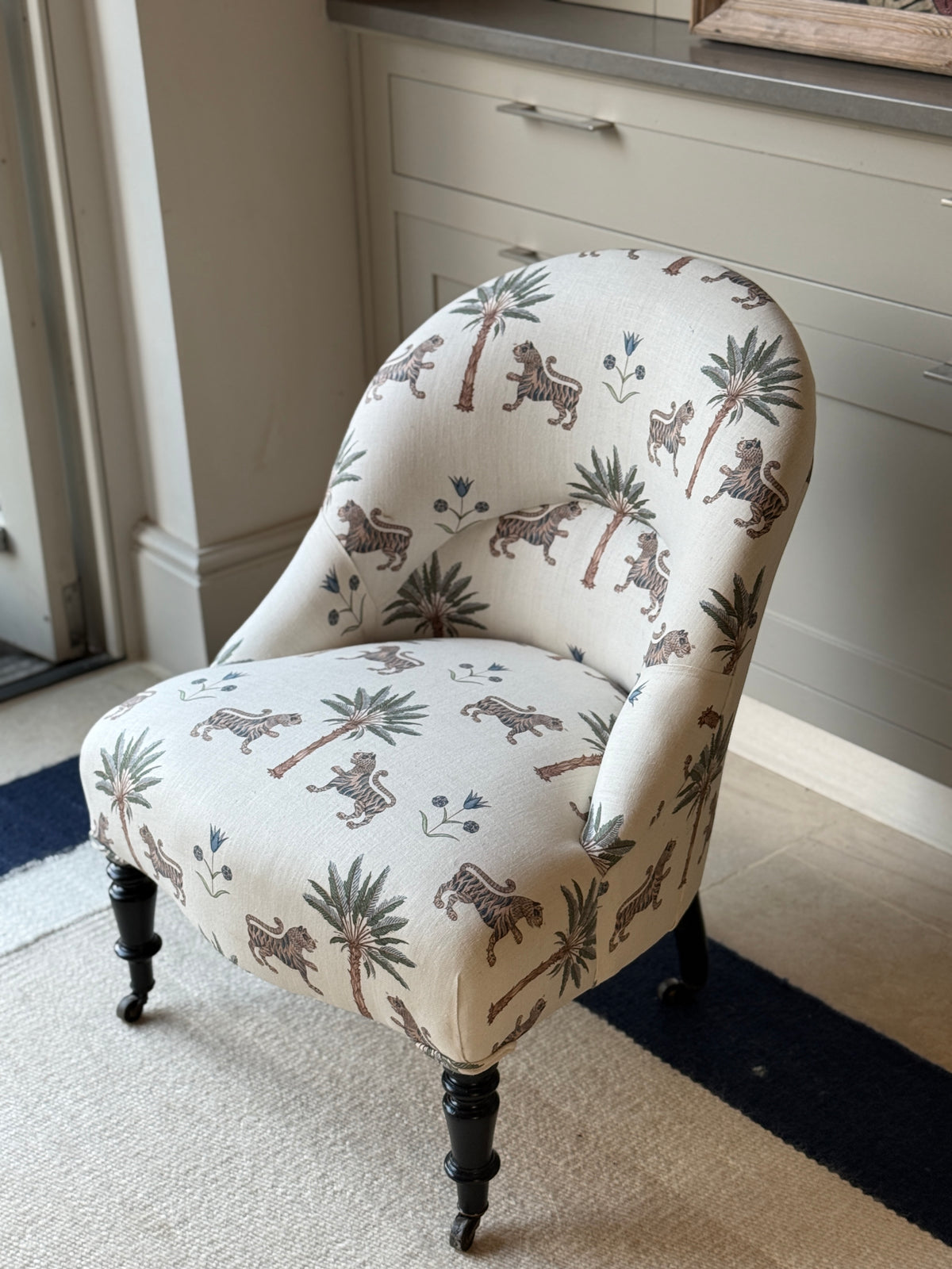 Antique French Slipper Chair in Schumacher ‘ Tiger Palm’