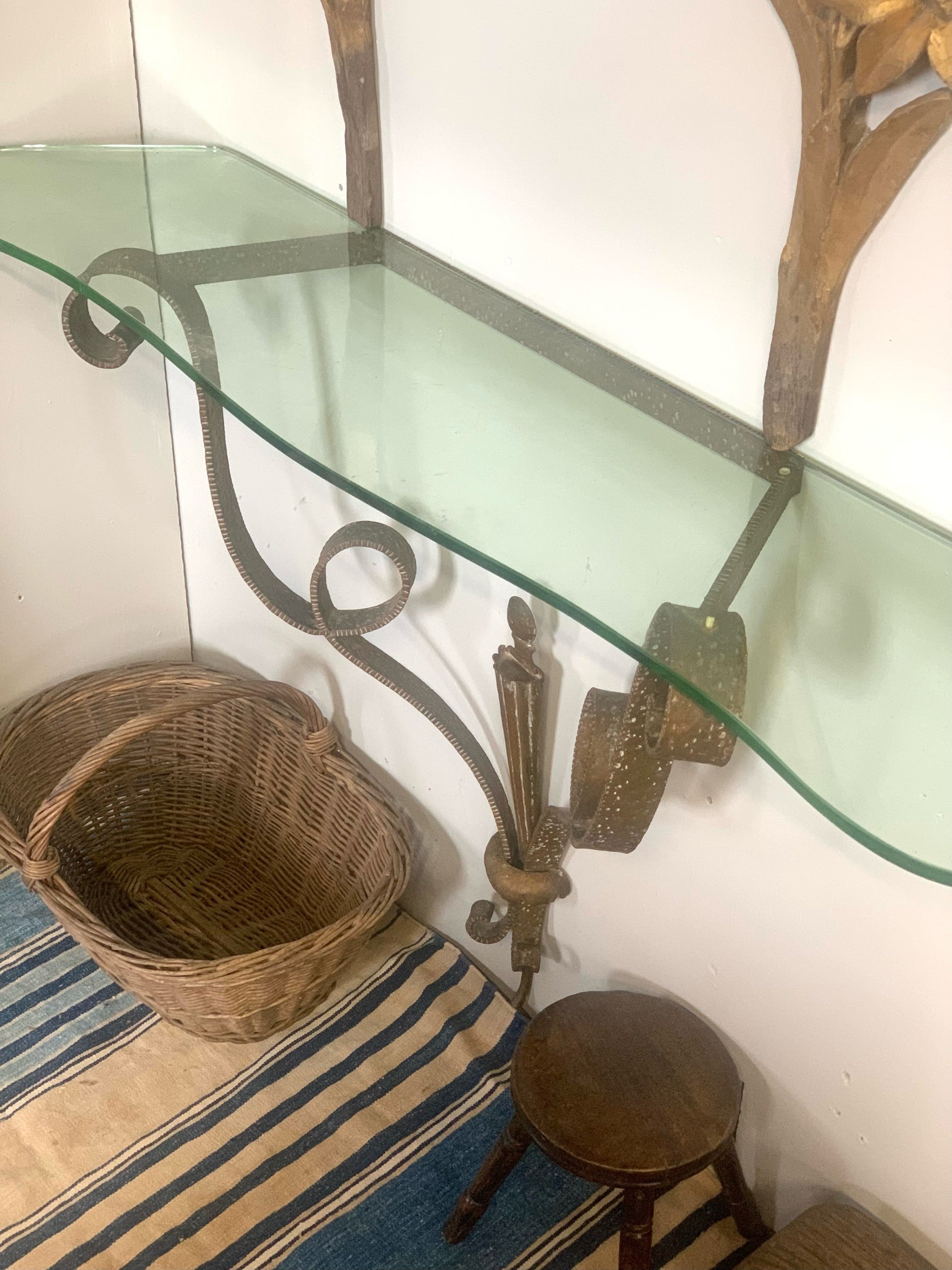 Italian Hammered Gilt Metal Console Table with Glass Top