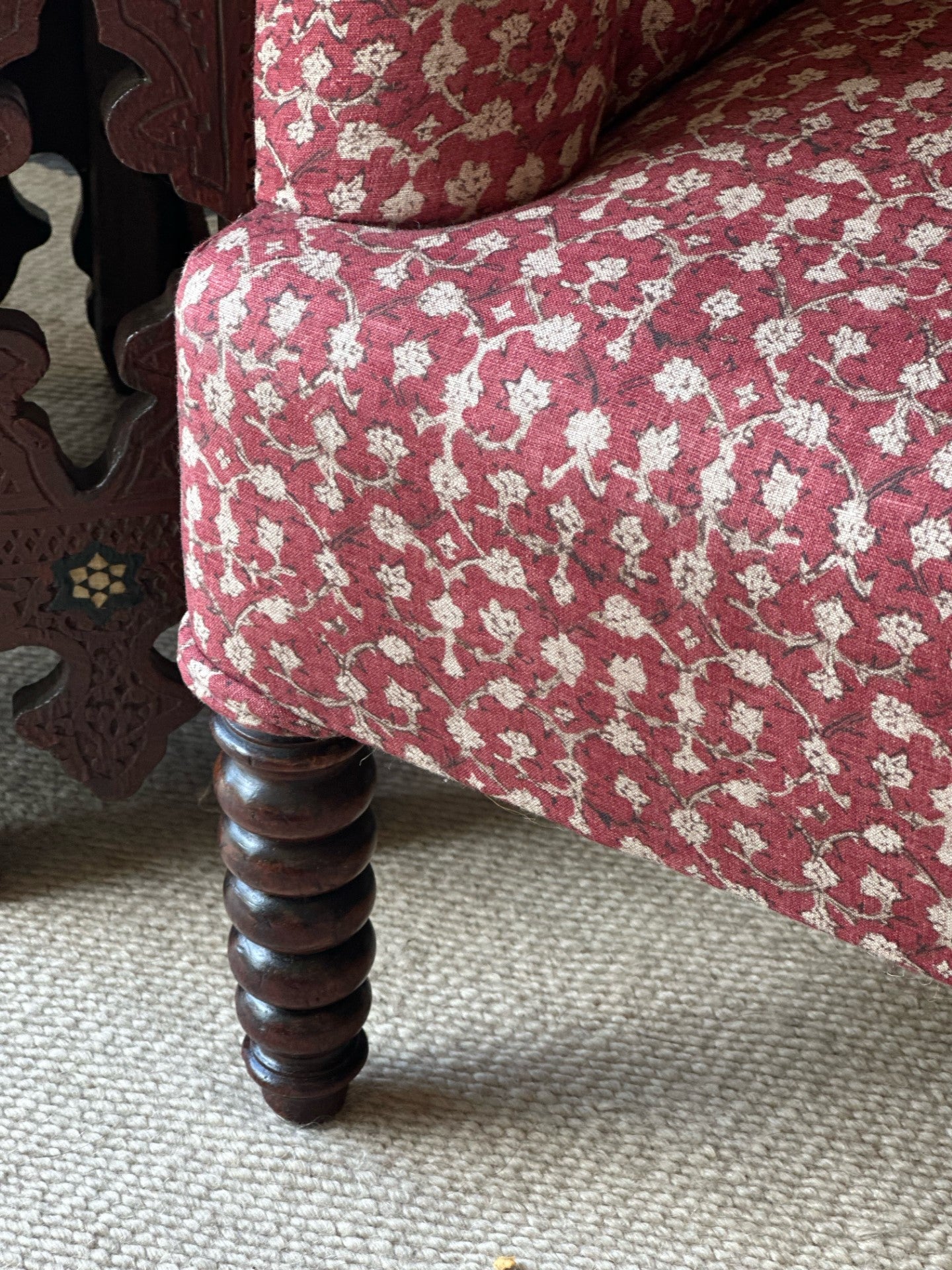 Amazing French Button Back Armchairs with Bobbin Turned Mahogany Feet and Upholstered in Robert Kime Ume Red