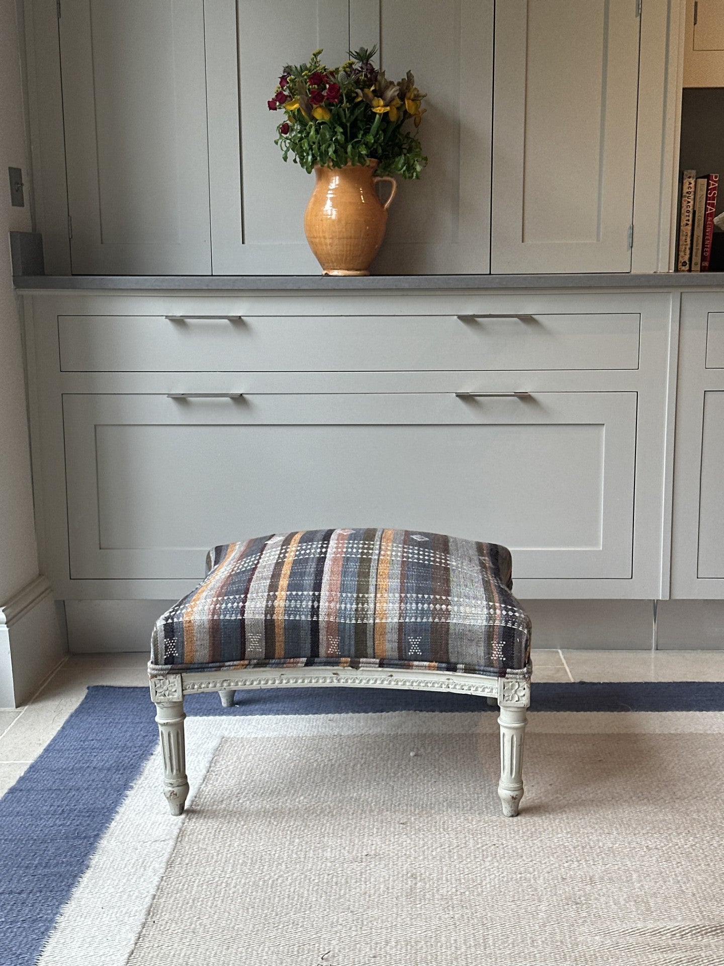 French Ottoman Reupholstered in a Gujarat Embroidered Camel Wool Shawl