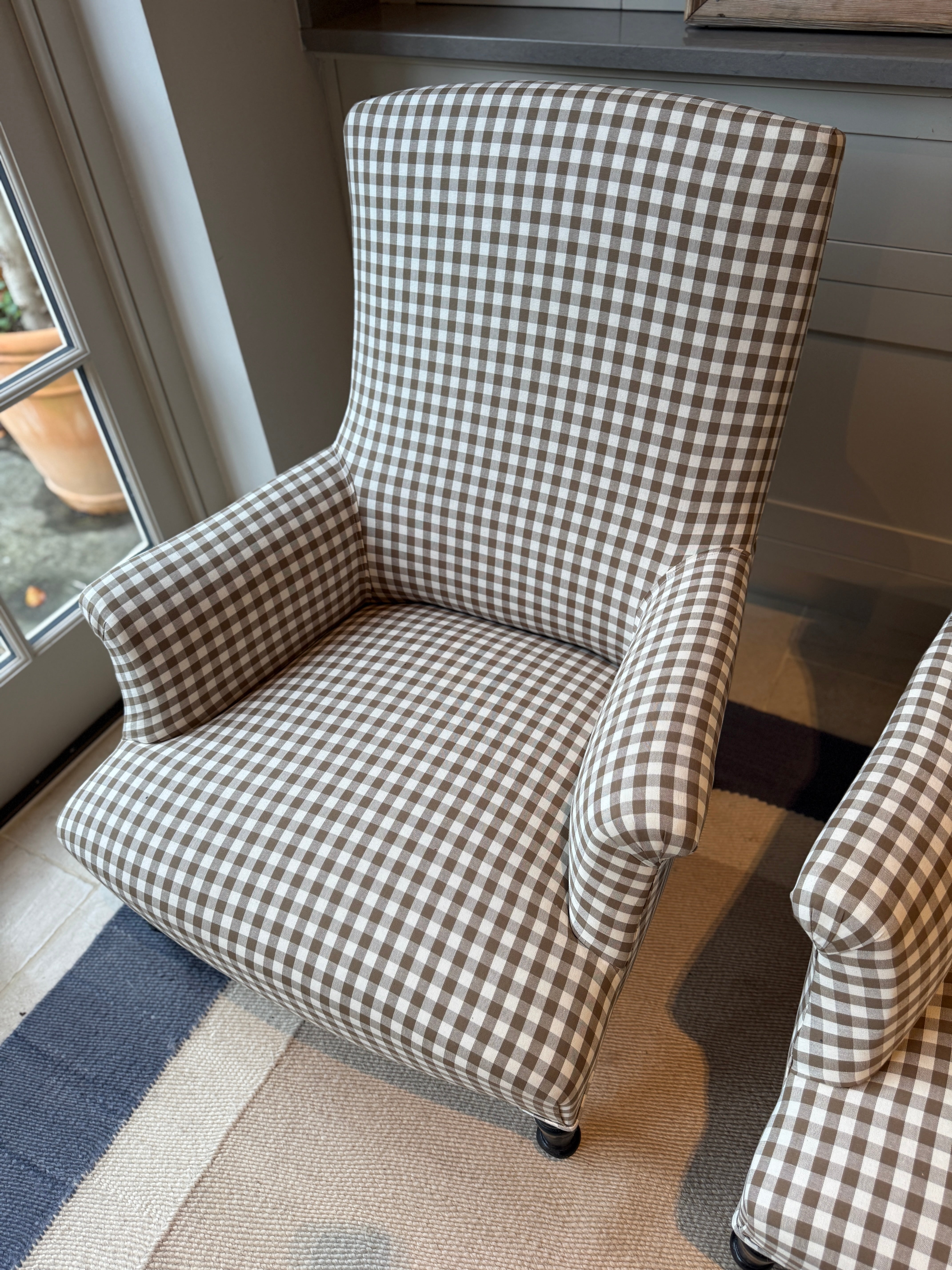 Pair of French Squareback Chairs in Brown Gingham